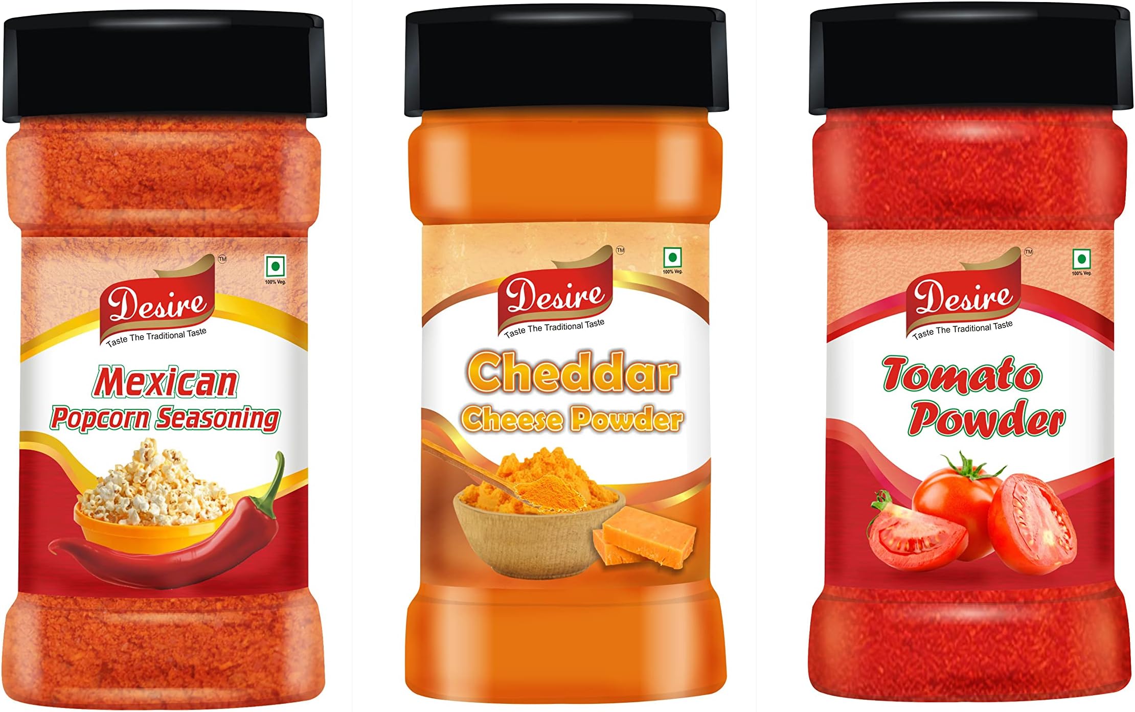 Cheddar Cheese Seasoning, Dehydrated Tomato Seasoning, Mexican Popcorn Seasoning 100g Each