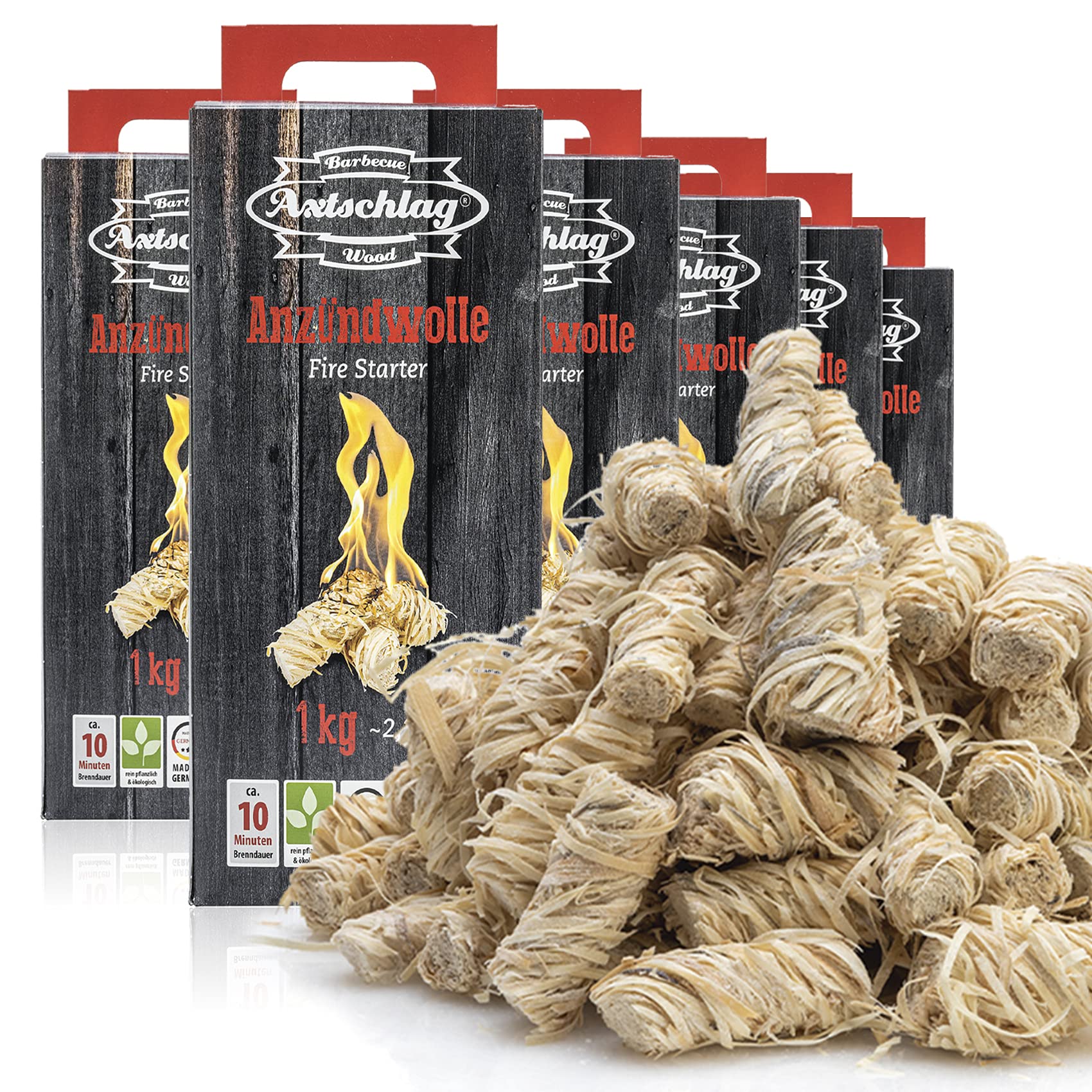 Axtschlag Premium Anzündwolle 6 x 1kg | Holzwolle Wachs Kaminanzünder | ökologischer Grillanzünder Holzanzünder | Anzünder für Kamin Grill Ofen