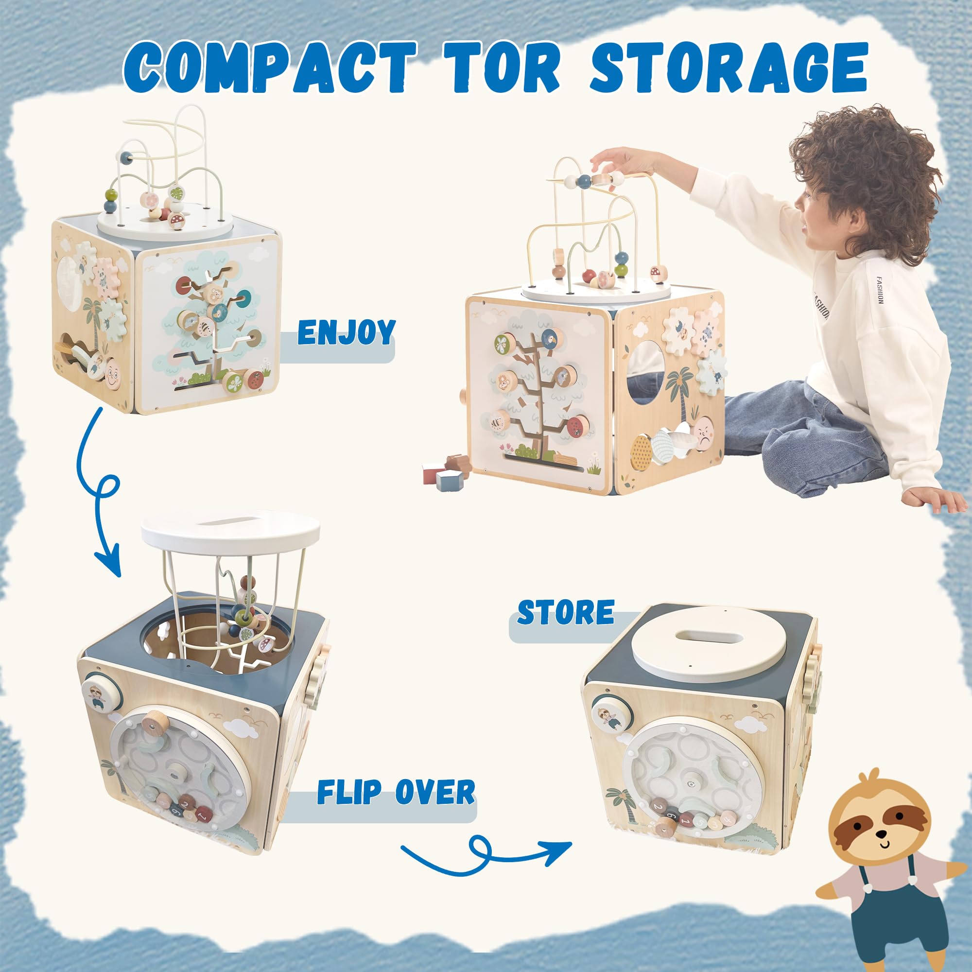 FReniland Holz Montessori Aktivitätswürfel für Kleinkinder 1-3 7-in-1 Baby Activity Center mit Perlen-Labyrinth, Formsortierer, Zahlengetriebe & Entdeckungsspiegel, Feinmotorisches Lernspielzeug für