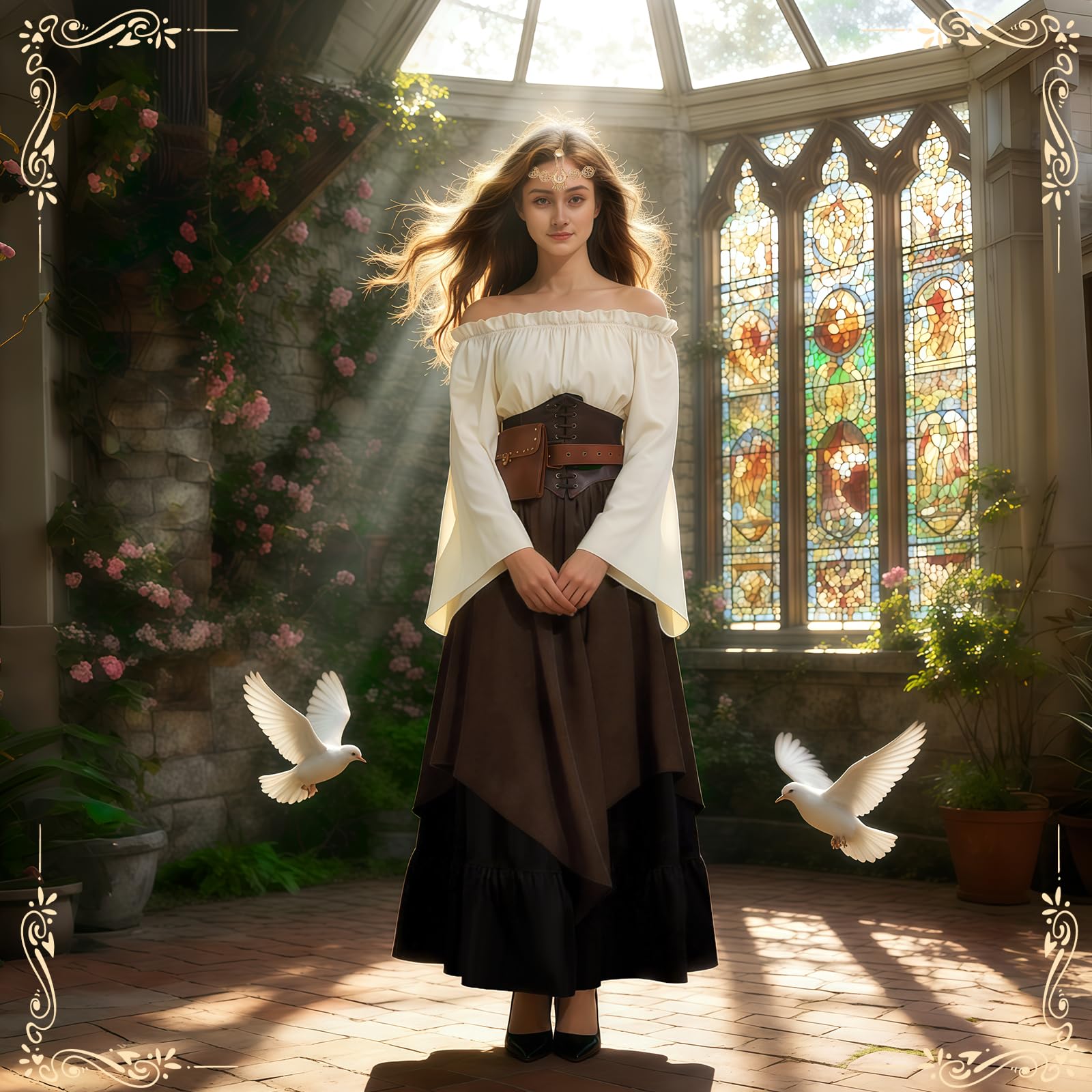 Mittelalter Kostüm Damen, Mittelalter Kleidung Damen Renaissance Kleid Erwachsene Set mit Corsett, Gürteltasche und Gürtel, Viktorianisches Kostüm für Karneval Halloween