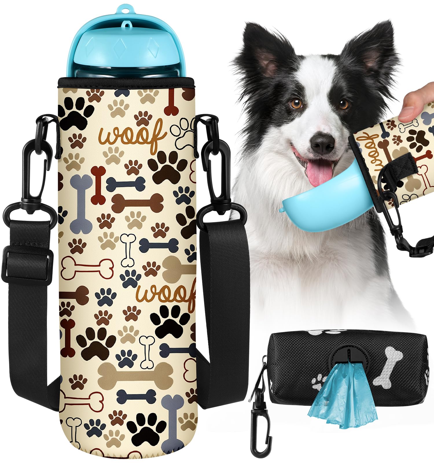 Toykee Portable Neoprene Water Bottle Sleeve - Travel Dog Water Bottle Cover Bag with Puppy Poop Bag Holder, Funny Pet Water Bottle Sling Carrier with