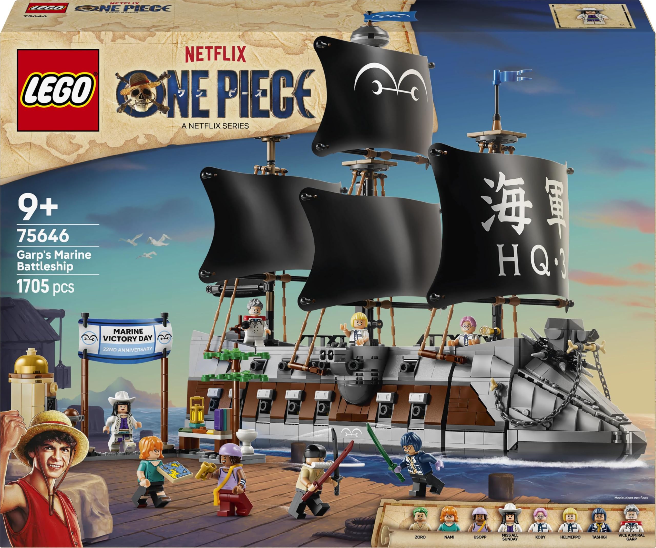 LEGO ONE PIECE Garps Marineschlachtschiff - Boots Modellbau mit 8 Minifiguren inkl. Zoro, Lysop und Nami - Kinderzimmer Deko - Geschenk für Jungen, Mädchen und Fans ab 9 Jahren - 75646