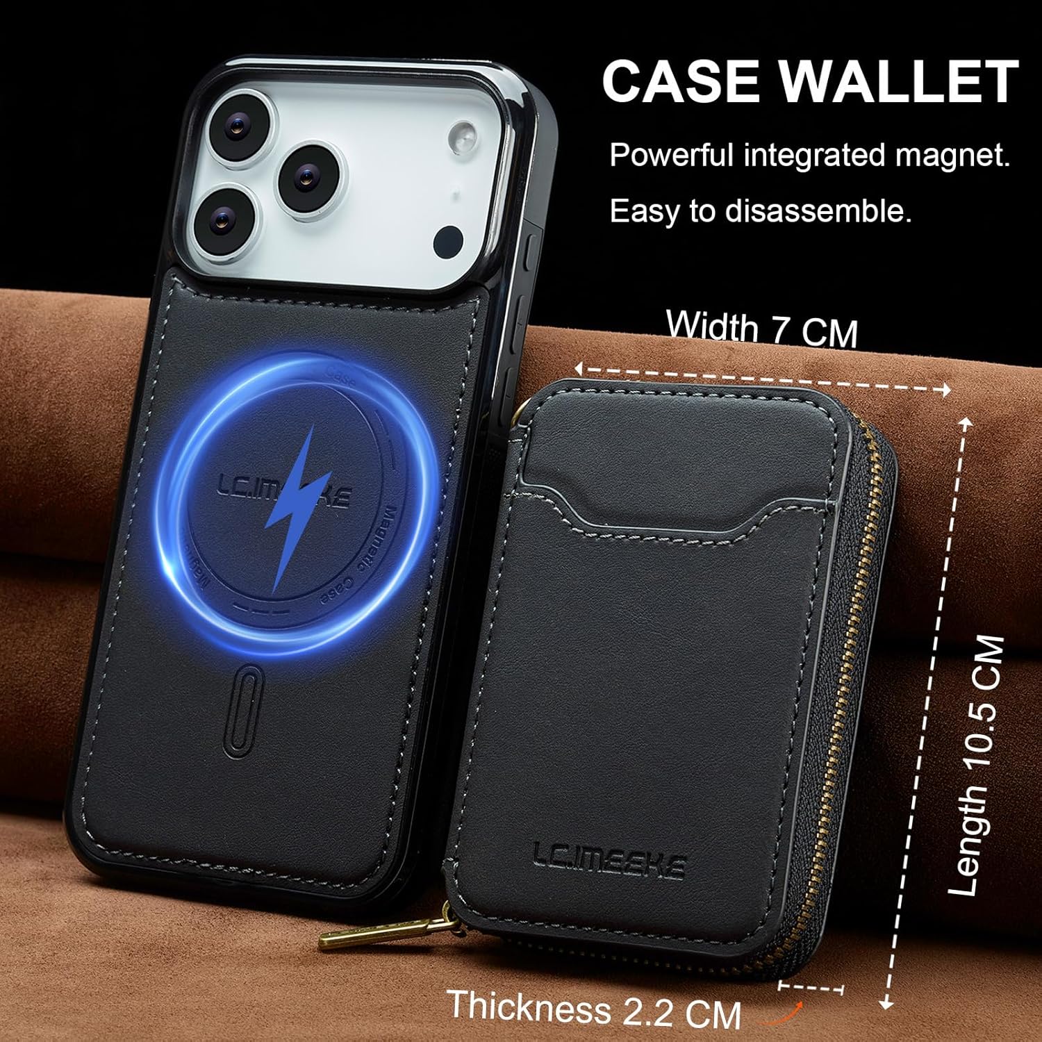 SZHAIYU L6 2 in 1 Detachable Magnetic Phone Cases Compatible with Magsafe IPhone 17 Pro Max Case with Card Holder Large Capacity Zipper Wallet Leather 6.9'' RFID Blocking (IP 17 Pro Max,Black)