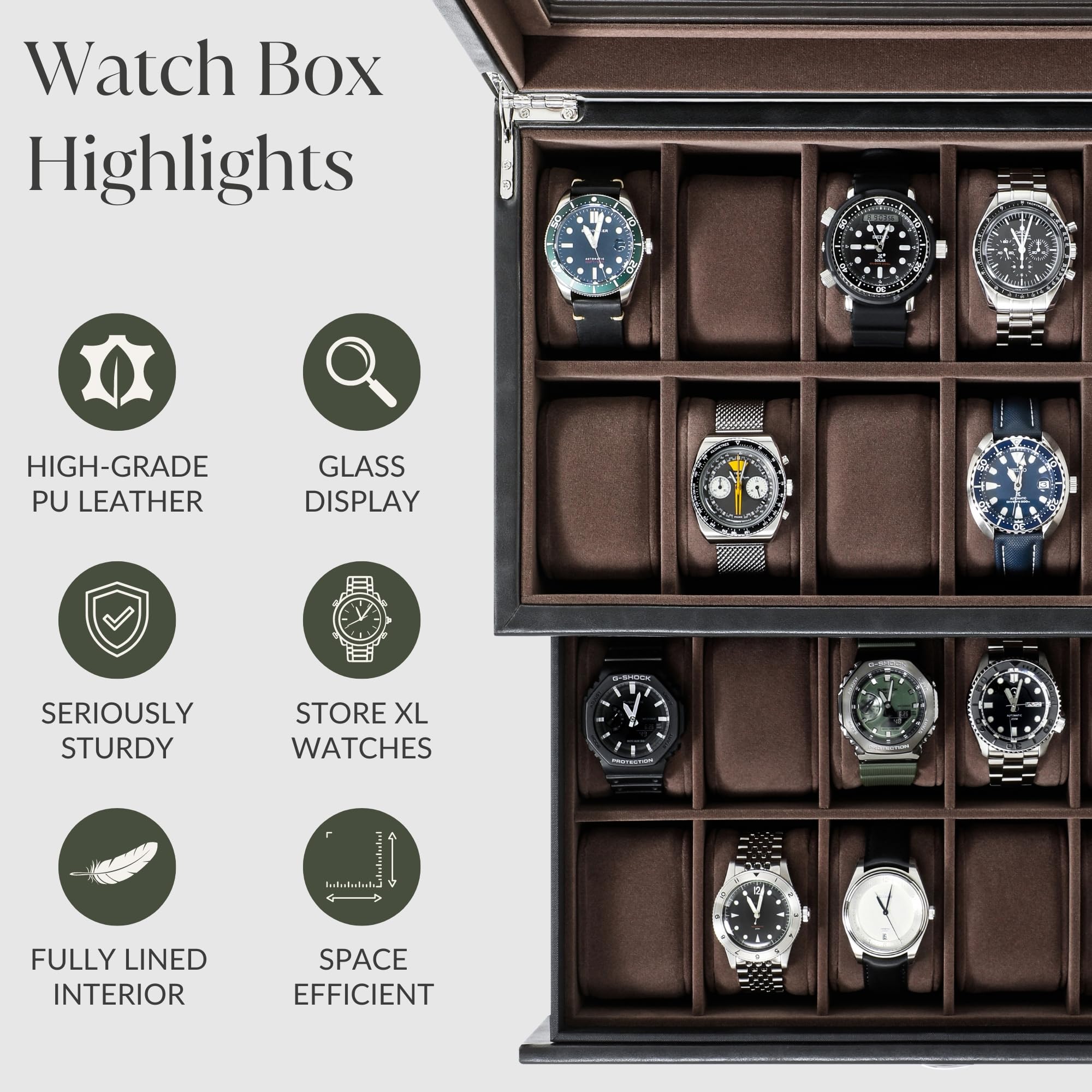 Boîte à Montres Et Bijoux Pour Homme TAWBURY 6 Compartiments - Présentoir Cuir Végétalien Élégant