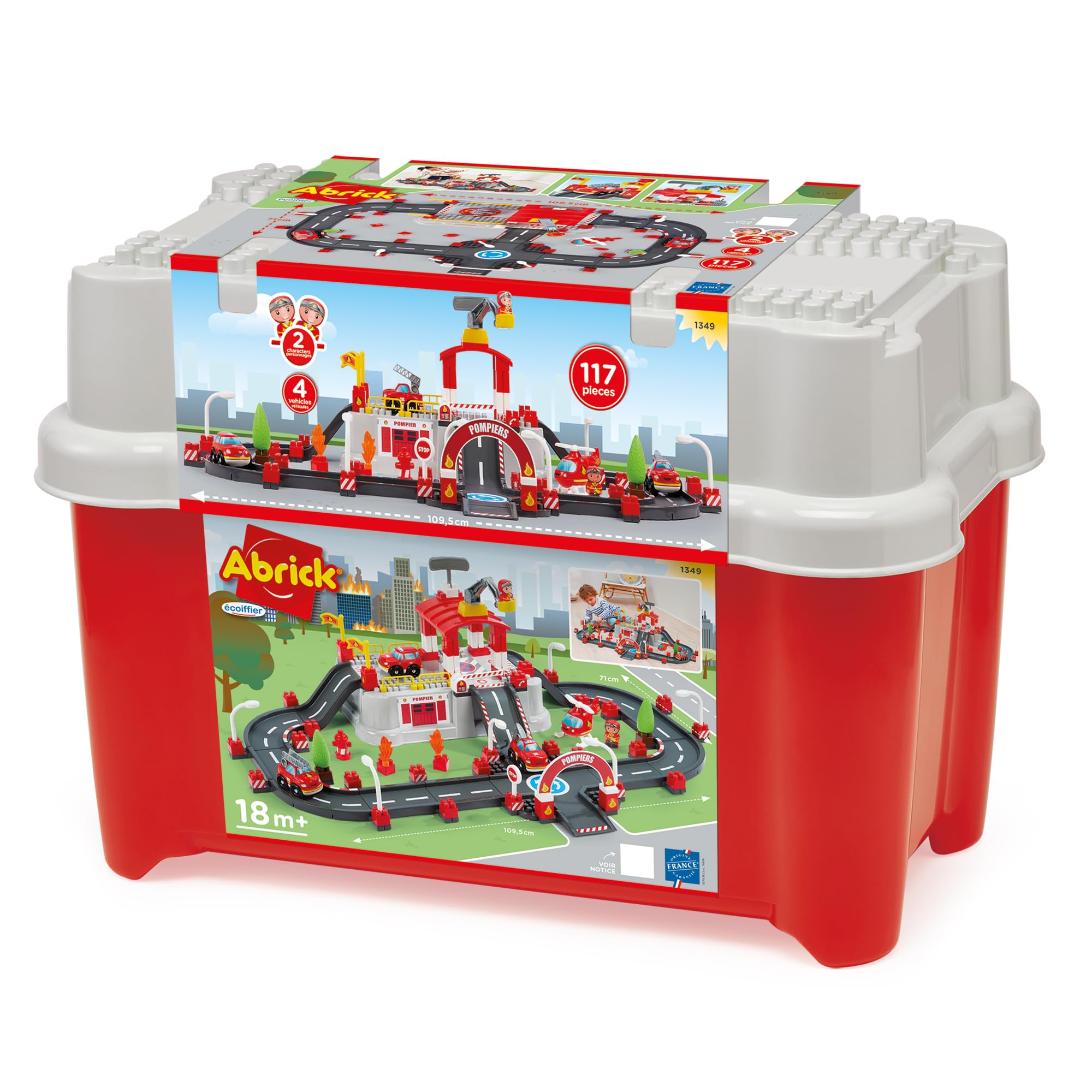 Ecoiffier Spielzeug - 1349 - Feuerwehr-Circuit im Eimer - Abrick - Konstruktionsspielzeug für Kinder - Ab 12 Monaten - Herkunft Frankreich garantiert