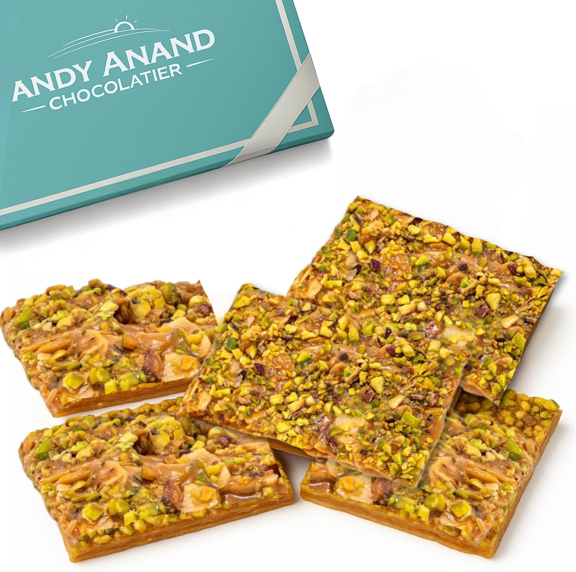ANDY ANAND CHOCOLATIER Gluten Free Pistachio Brittle - Made in Italy Roasted Nutty Croccante, Simply Delicious & Crunchy Gourmet Snack With All Natural Ingredients, No Preservatives (7 Oz)