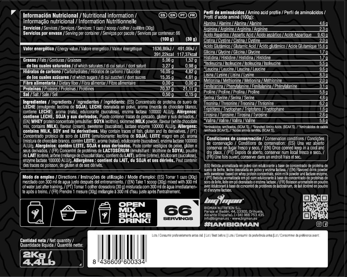 Pack BigMan Ultimate Whey Proteína 2kg + Creatina 300Gr + Shaker PRO | Fuerza, Resistencia | Masa Muscular | Tonificación Muscular | Recuperación Deportiva (2 KILOS, Choco Blanco)
