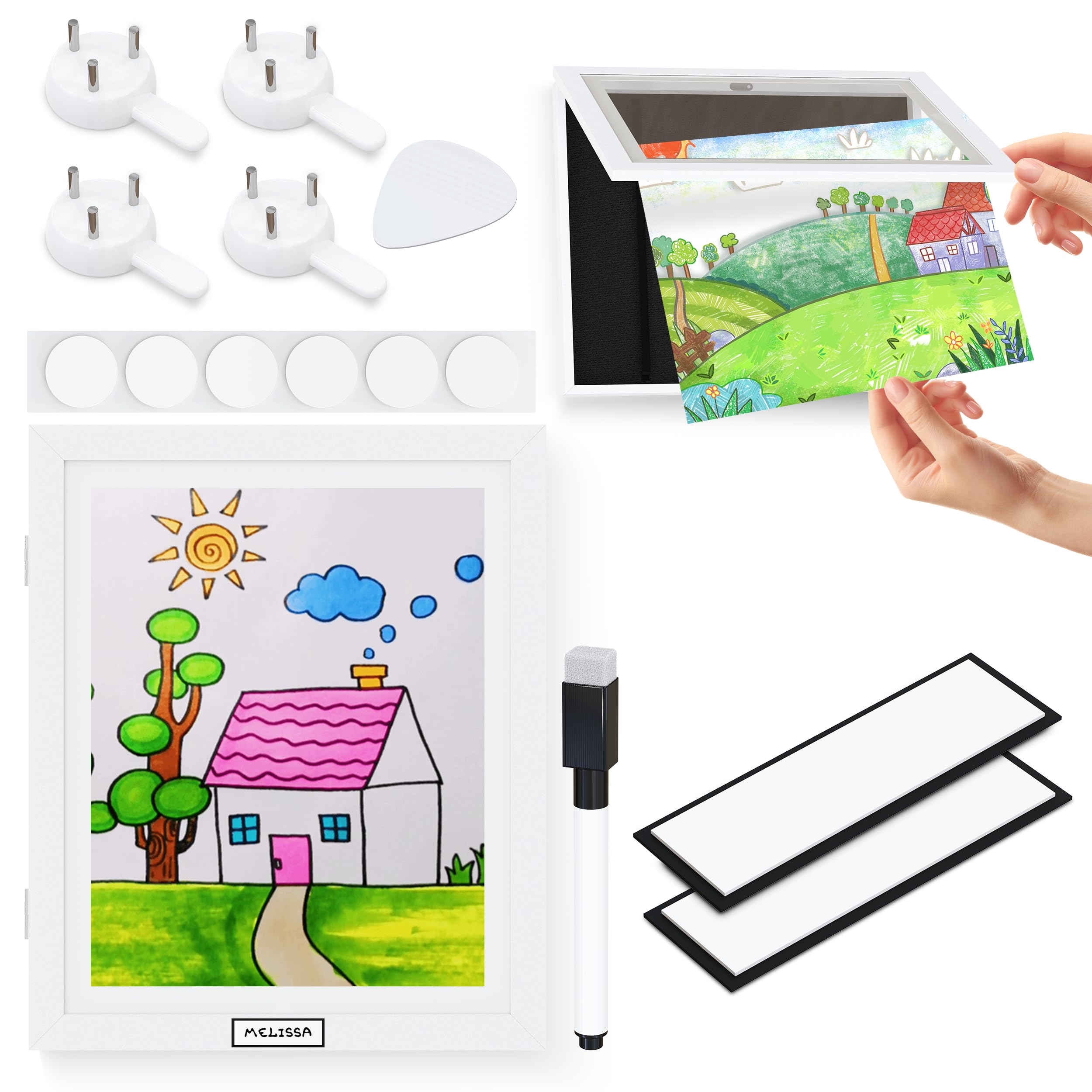 Kids Art Frame (Pack of 2) - Changeable Artwork Frames for Kids Art with Nameplate and Markers Included - Versatile Art Frame for Kids Artwork with Display Hooks and Back Stand