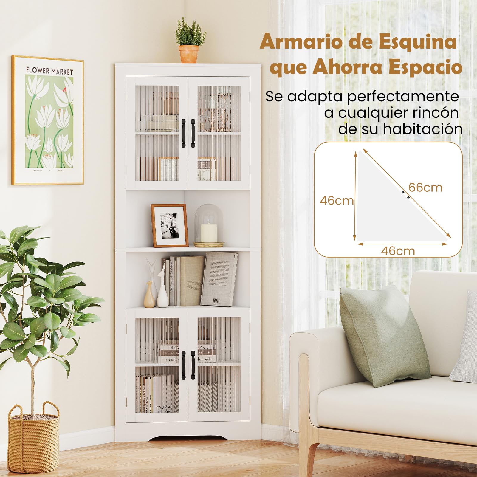 GOPLUS Armario de Esquina de 6 Niveles, Gabinete Alto Esquinero con 4 Puertas de Vidrio Templado, 2 Estantes Ajustables en 3 Niveles, Mueble de Baño de Suelo para Salón Cocina, Blanco
