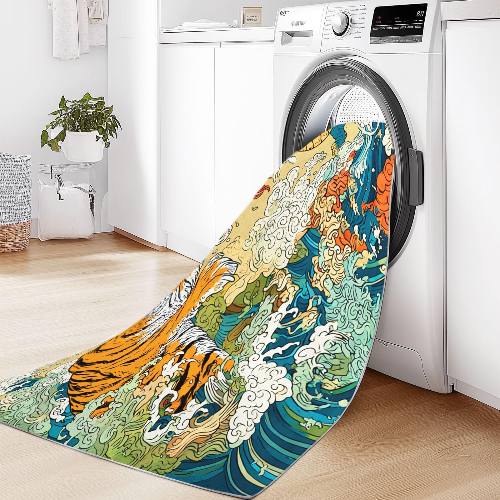 Tapis 90x180 cm, Motif Dragon et Tigre Chinois, Lavable, pour Salon ou Chambre, Style Asiatique, Motif Vagues Marines japonaises, Fin et antidérapant