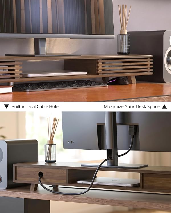 WELL WENG 42" Dual Monitor Stand with Sliding Doors Desk Shelf Dark Bamboo by WELL WENG - Used condition - Image 4