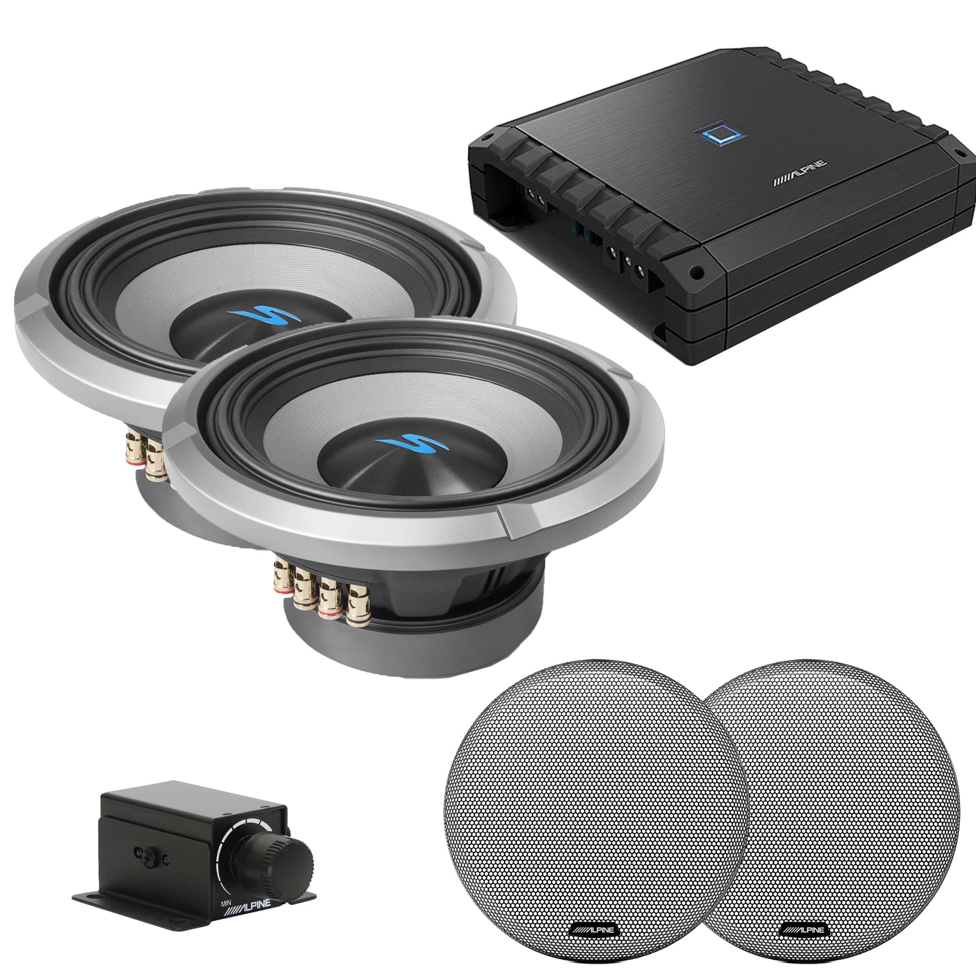 Alpine S2-A60M S-Series Class-D Amp, (2) S2-W10D4 10