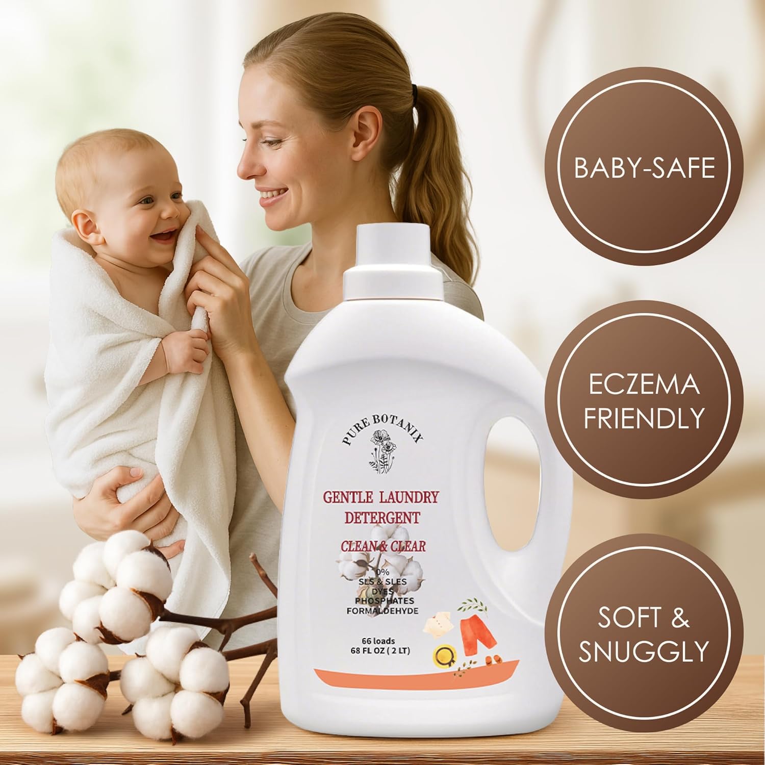 Unscented Plant-Based Laundry Detergent 68 Fl Oz | 66 Loads, Natural Hypoallergenic Non-Toxic Soap for Sensitive Baby Skin, HE-Compatible Concentrated Enzyme Stain Remover, Sulfate Free - Image 2