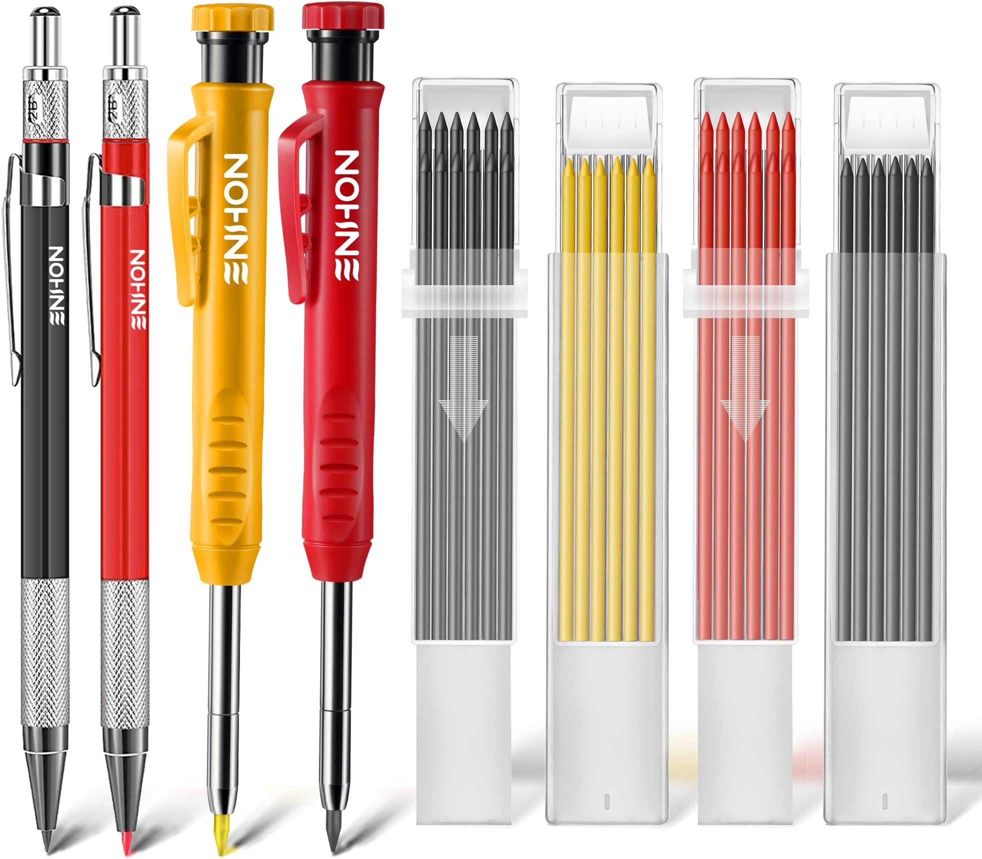 4 Pack Carpenter Pencil Set with Sharpener, Mechanical Woodworking Pencils with 36 Refills, Deep Hole Marker for Architect/Carpenters/Scriber(Black, Red, Yellow)
