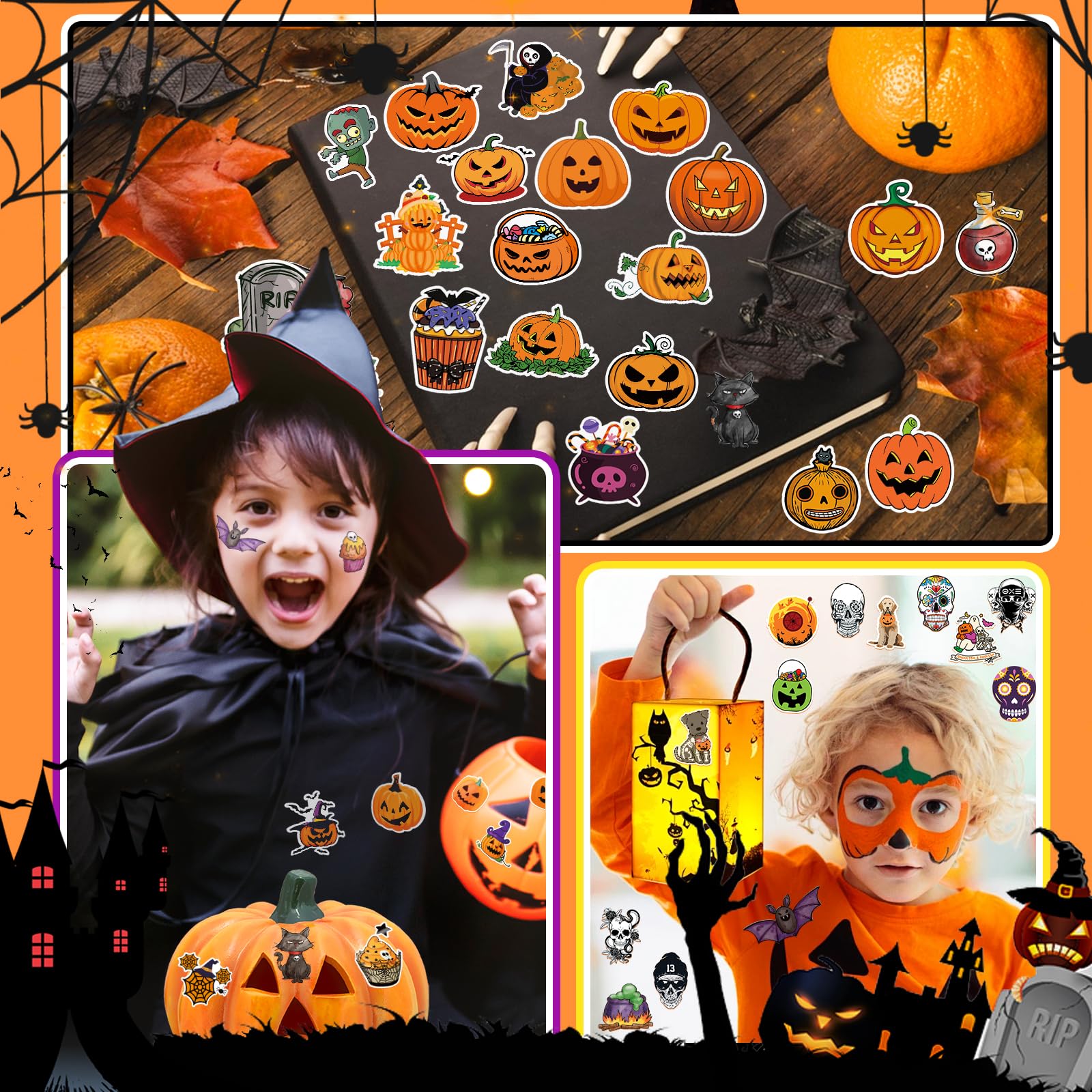 100 Halloween Stickers – Cute Vinyl Skull & Pumpkin Decals For Water Bottles, Laptops