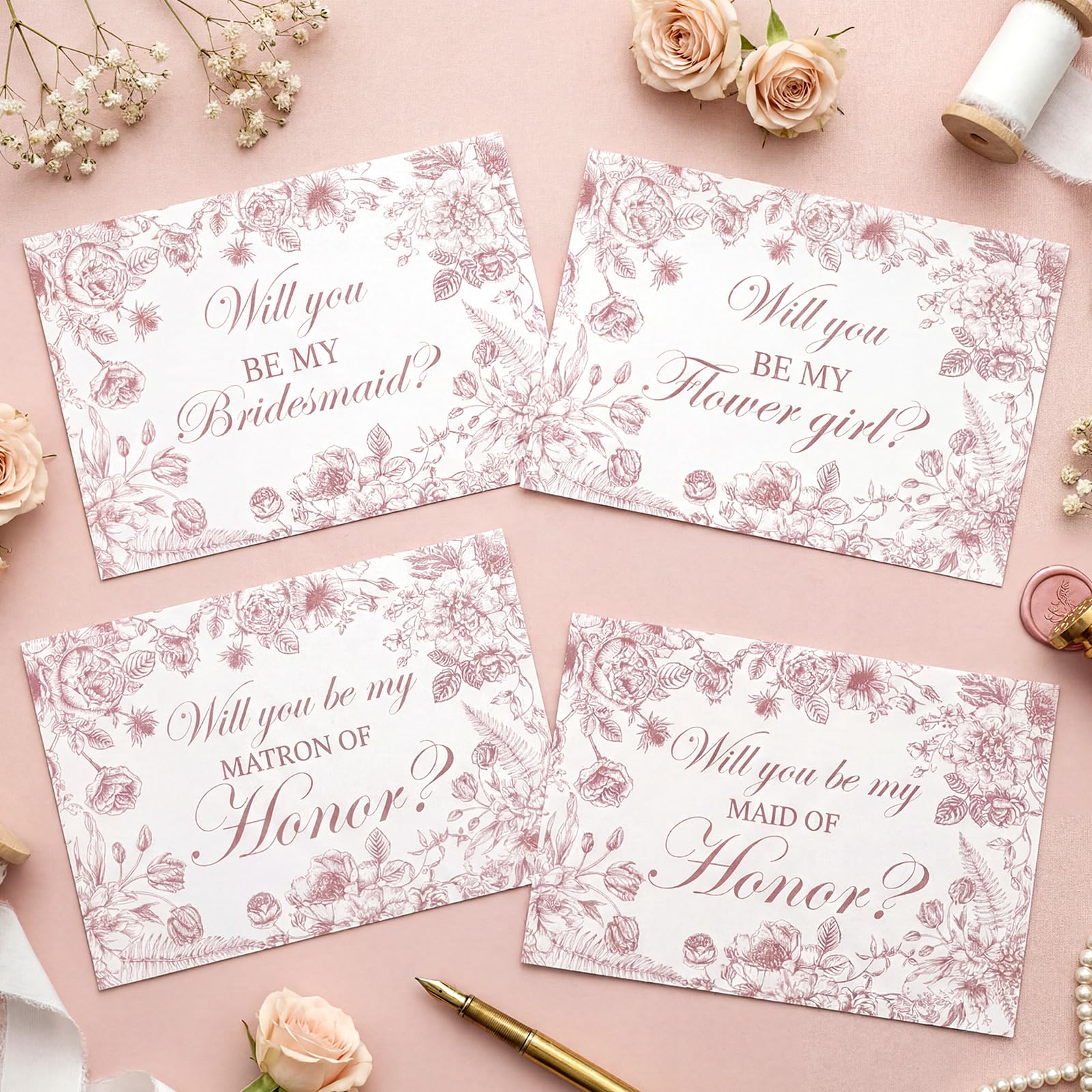 Motiskyy 14 Pcs Floral Bridesmaid Proposal Card Set with 8 Will You Be My Bridesmaid 2 Maid of Honor 2 Matron of Honor Flowergirl Card Invitation for Wedding Bridal Shower Bachelorette Party (Pink)