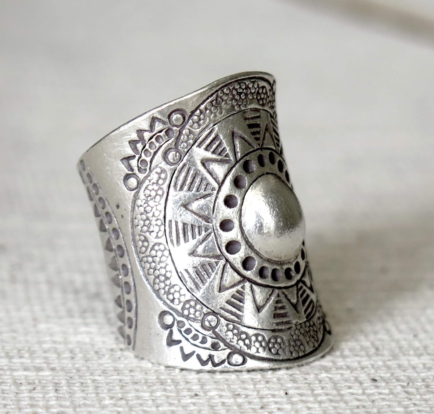 Sterling Silver Mandala Flower Boho Hippie Large Statement Ring, Ethnic Gypsy Wide Band Adjustable to US sizes 7-11, Solar Symbol, Also as Thumb ring, Gift for Her
