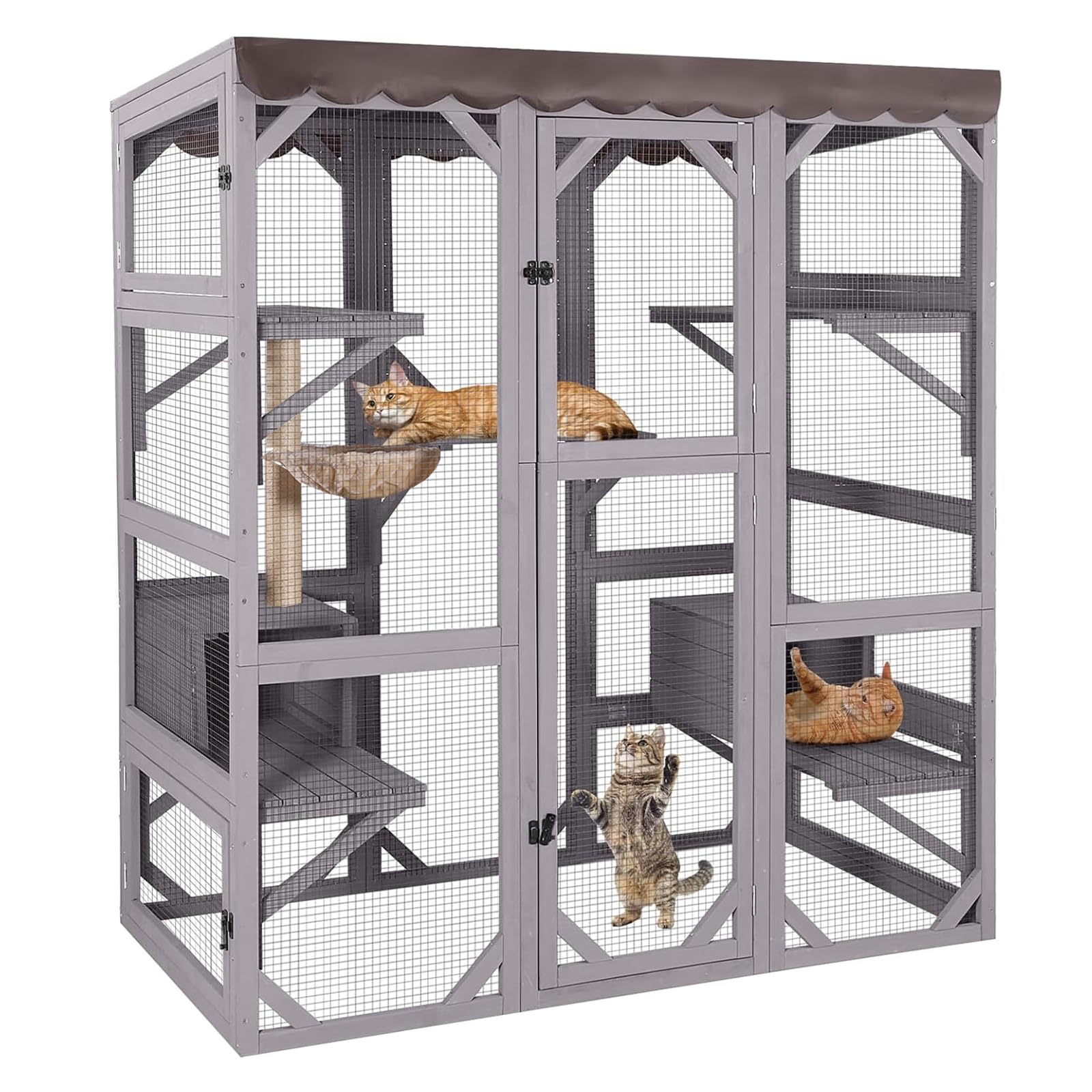 Aivituvin Cat House Window Outdoor Catio Cat Enclosures with 7 Platforms, 2 Resting Boxes Large Kitty House with Weatherproof Tarp Roof, 62.6" L x 32.6" W x 70.1" H Grey