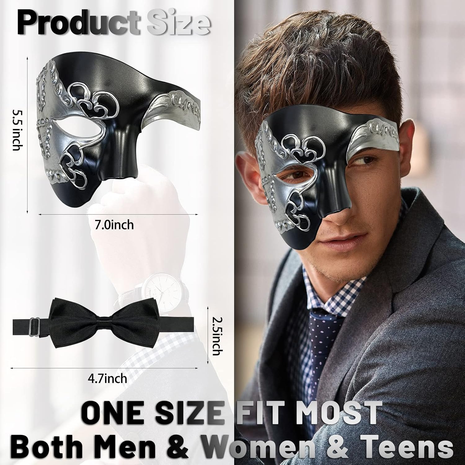 HyperFun Masquerade Mask for Men Phantom of the Opera Half Face Mask with Bowtie, Vintage Venetian Masks for Costume Parties
