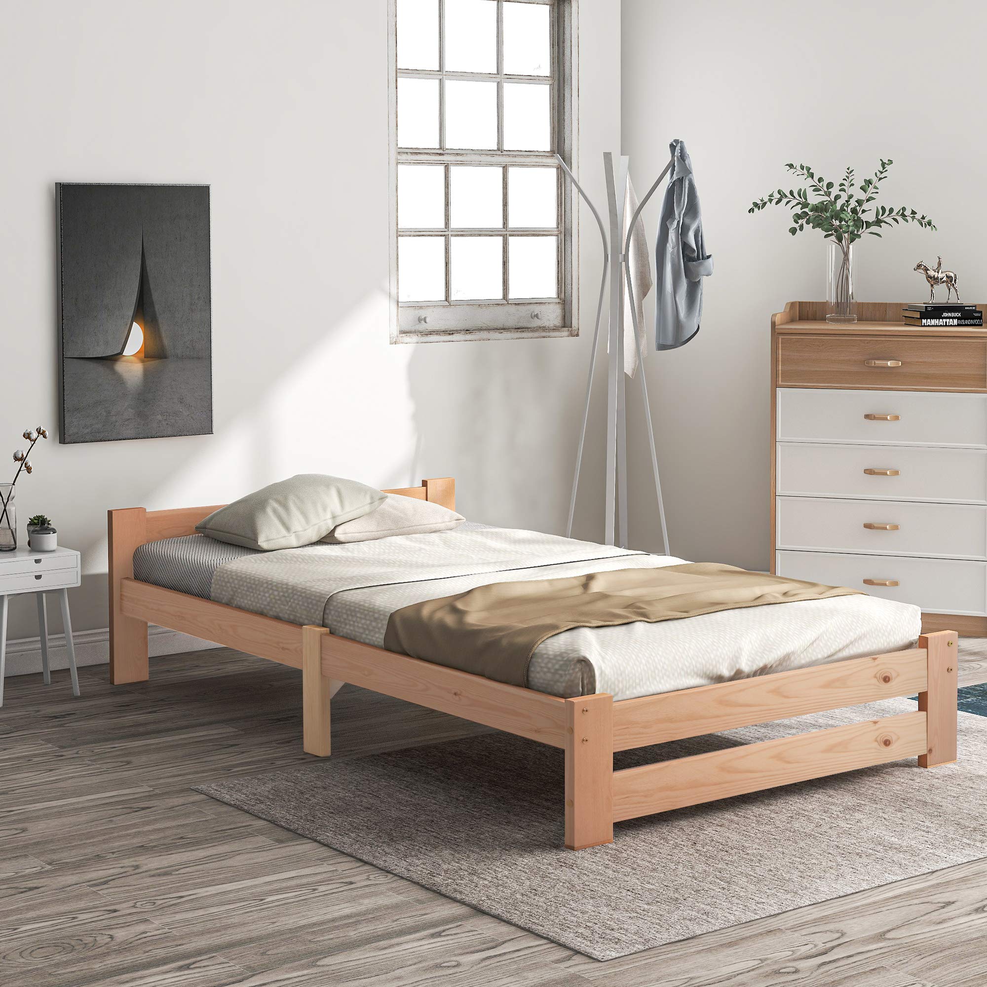 Cama futón de madera maciza maciza natural con cabecero y somier, natural (200 x 90 cm)