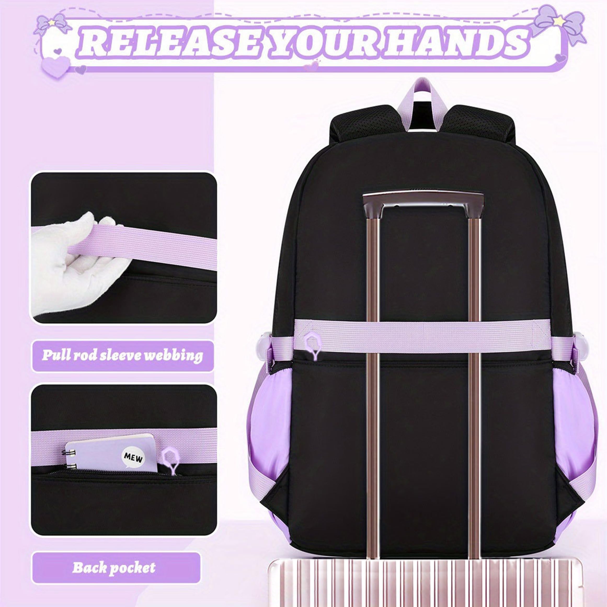 Conjunto de mochila para niñas, bolso escolar con lonchera y estuche, negro y morado