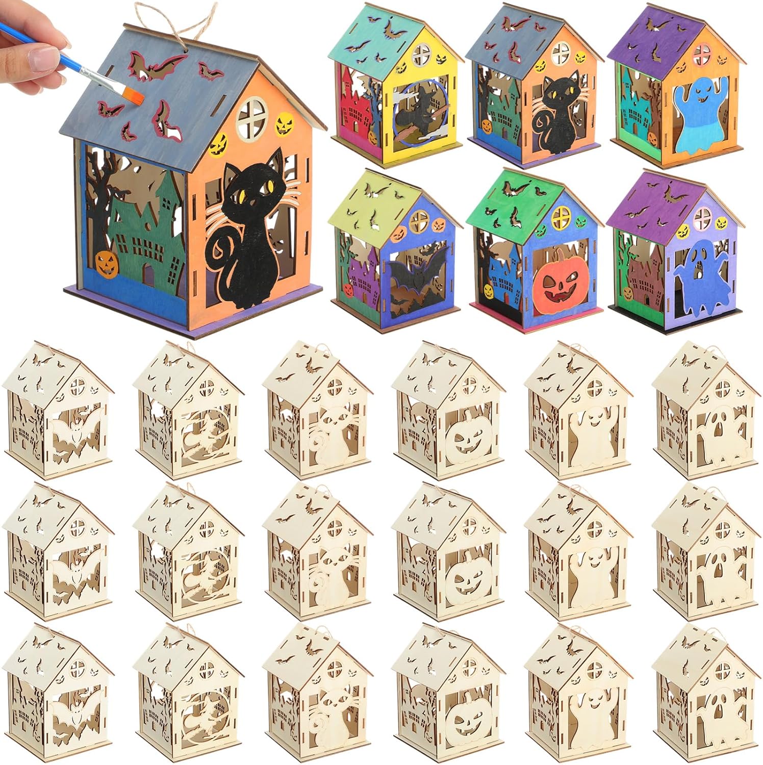 DoubleFill 24 Set Halloween Bird House Kits, Buildable DIY Birdhouse for Children, Wooden House, Arts and Crafts Set for Kids Adults Painting Halloween Party Decoration