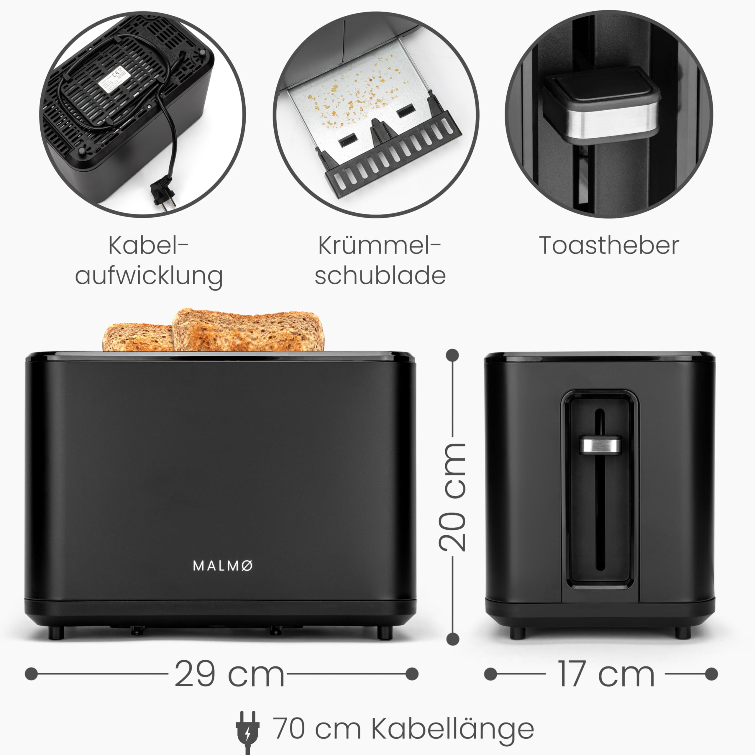 MALMØ Toster - 900 W z cyfrowym timerem - toster 2 kromki - z nasadką do bułek - matowy czarny