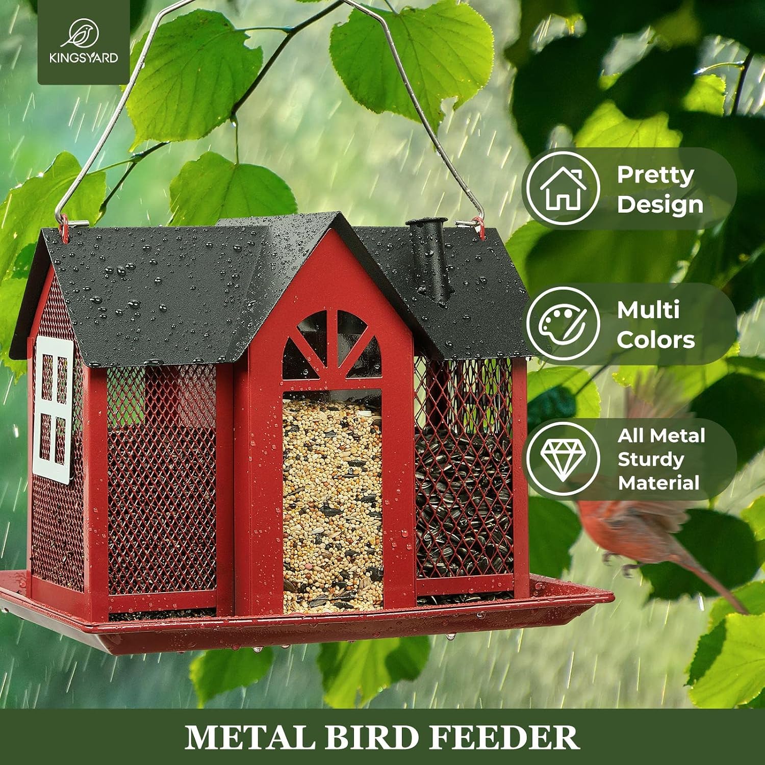 Kingsyard Bird Feeder House for Outside, Metal Mesh Wild Bird Feeder with Triple Feeders for Finch Cardinal Chickadee, Large Capacity, Weatherproof and Durable, Red
