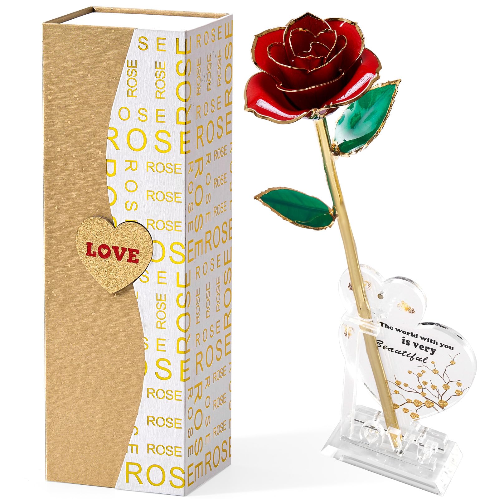 Mikasol Gold Dipped 24K Forever Preserved Rose, 1 Pack Infinity Flower Decor Hand Dipped Romantic Gift for Women in Her Wife Girlfriend Birthday Anniversary Valentines Mothers Day Christmas(Red)