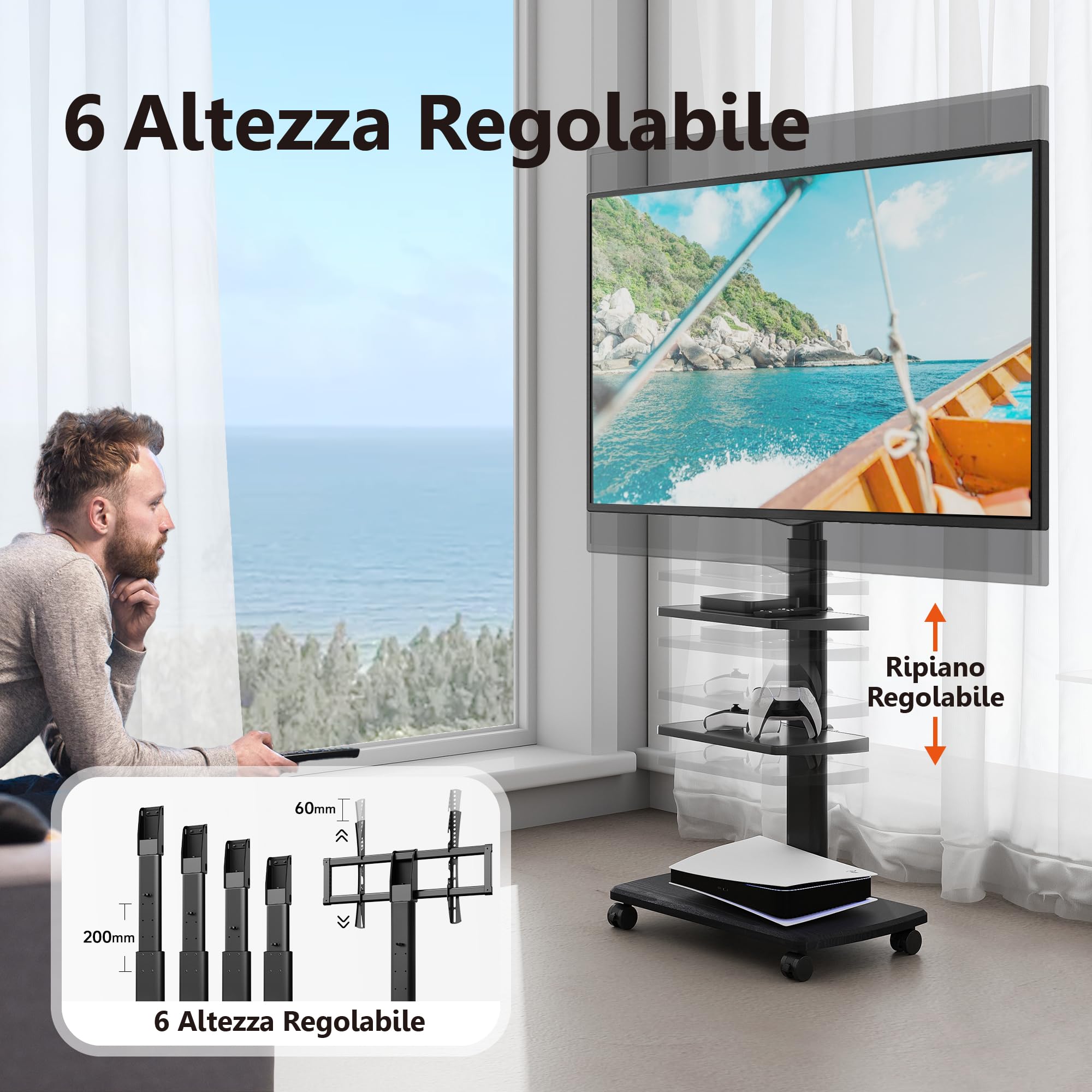 FITUEYES Supporto TV Da Pavimento Mobile Con 3 Ripiani Per TV 32–70 Pollici Fino A 40 Kg, Altezza Regolabile E Girevole, VESA Massimo 600×400, Ideale Per Appartamenti E Uffici