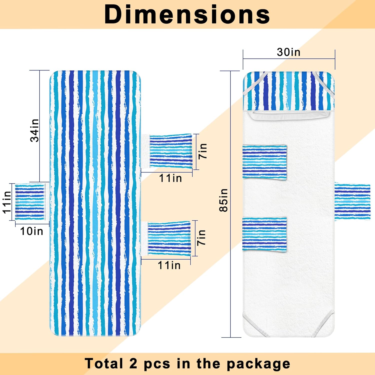 Lounge Chair Towel Cover, Beach Chair Towel (Pack of 2), Lounge Chair Towels with Fitted Top Pocket for Beach Pool Garden Courtyard Outdoor, 85 x 30 in,Striped Turquoise Blue