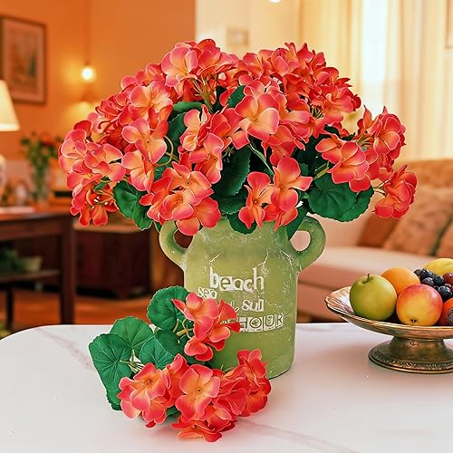 Miniatura 4 de Htmeing Arbusto de geranio artificial de 6 piezas, plantas artificiales decorativas de seda para exteriores o interiores (naranja)