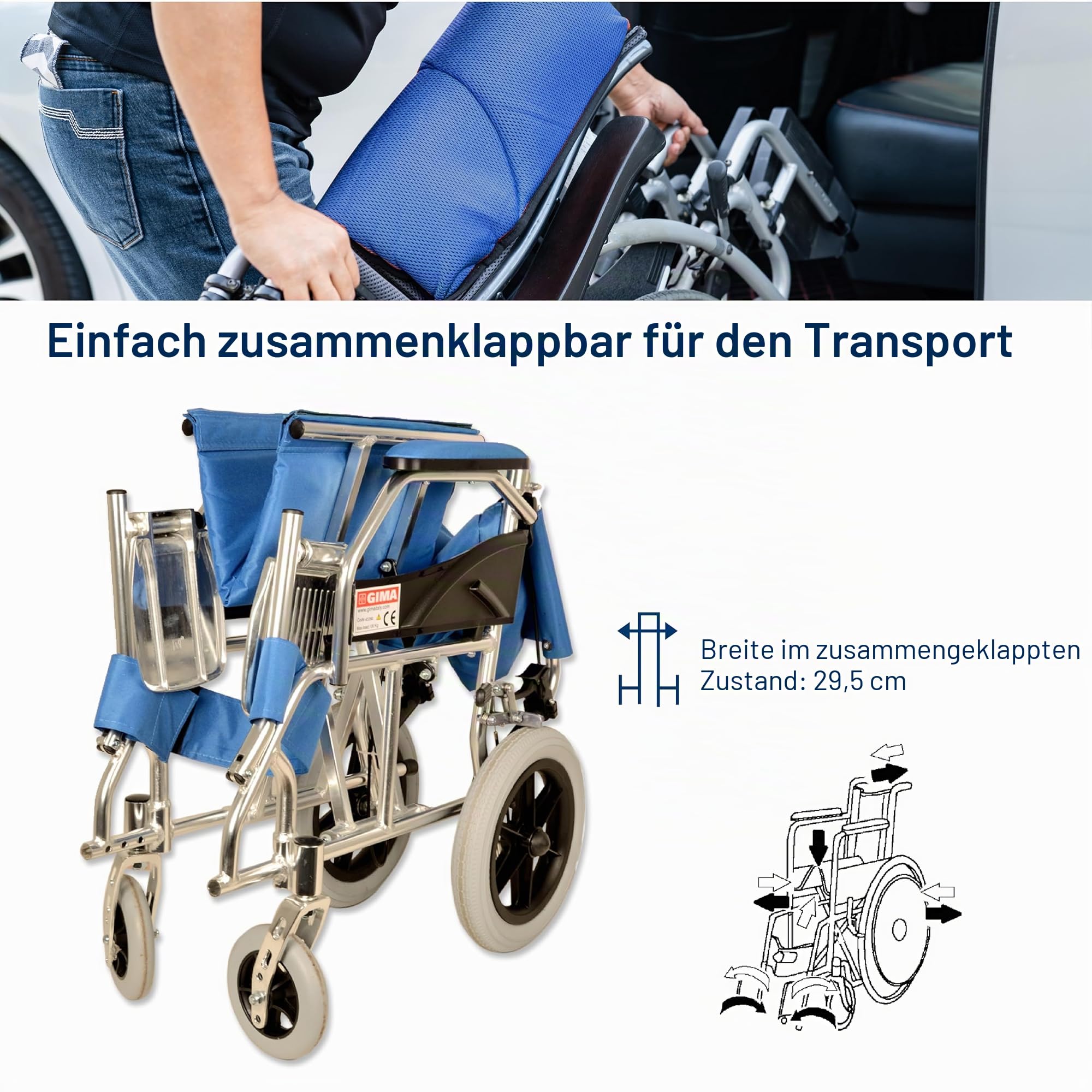 Gima - Rollstuhl aus Aluminium Queen, hellblauer Stoff, Struktur mit doppeltem Kreuzung, leichtgewichtig, 43250