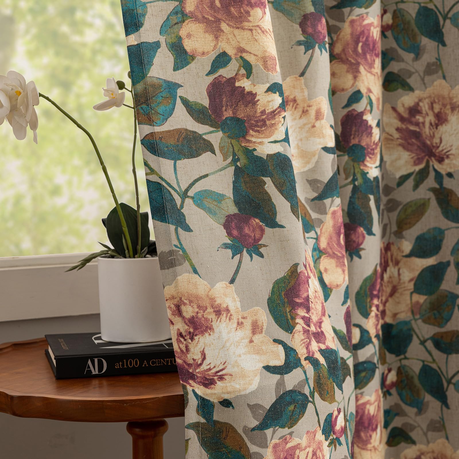 ALIGOGO Floral Drapes 63 Inch Length - Antique Linen Botanical Toile Curtains for Bedroom 2 Panels, Rustic Country Privacy Grommet Light Filtering Grandma Core Decor, 50W x 63L Inch, Taupe
