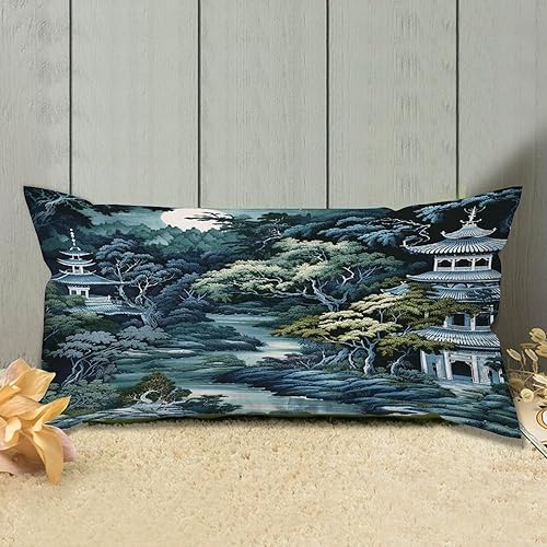 Miniatura 3 de Rebbygena Chinoiserie - Fundas de almohada de porcelana azul y blanca con patrón de edificios de estilo chino de 12 x 24 pulgadas, fundas de cojín