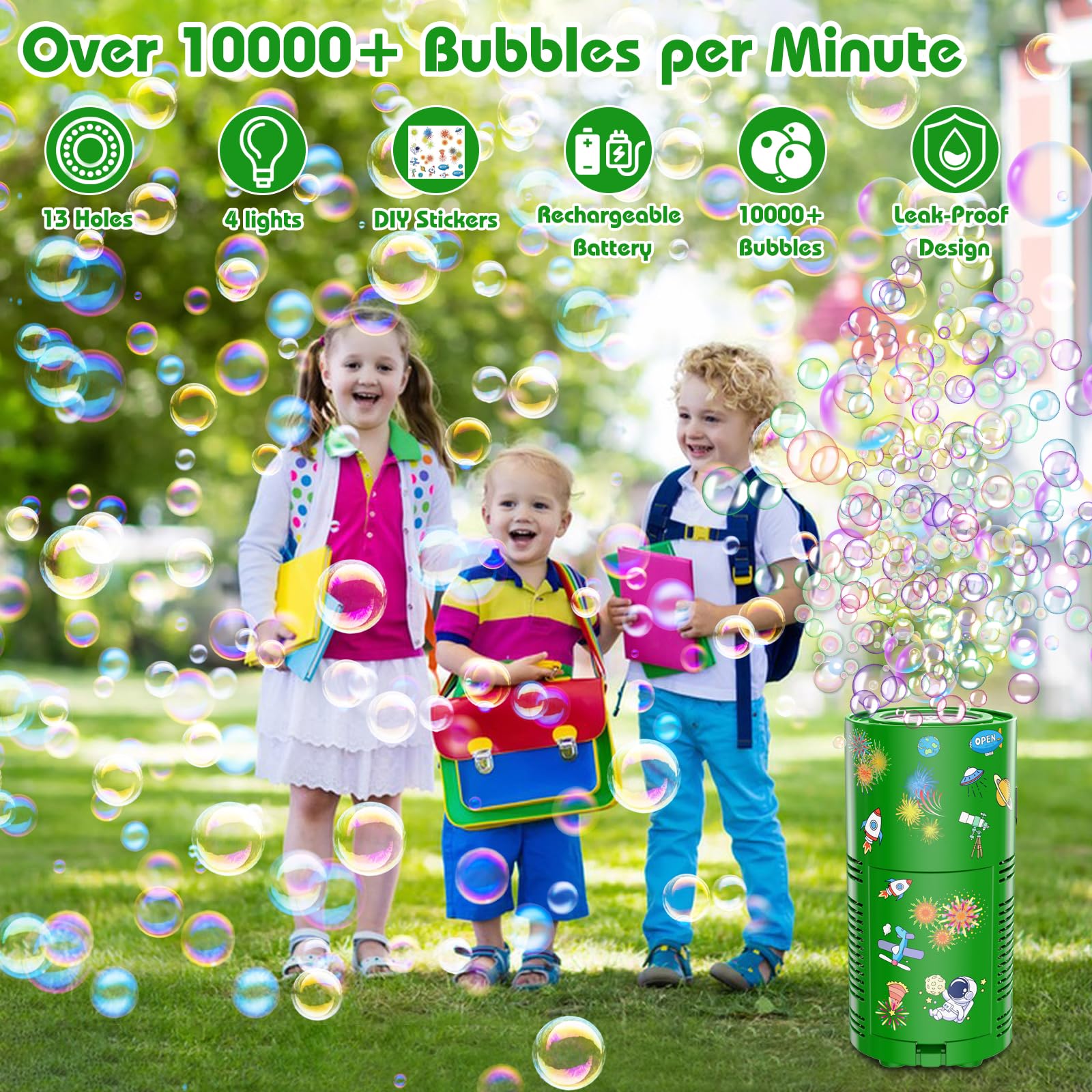 PANACARE Automatische Seifenblasenmaschine Feuerwerk Blasen Spielzeug 13 Löcher/Lichter/Weihnachtsmusik/80 ml Lösung Christmas Bubble Maker Für Kinder Zum Geburtstag Neujahr (Grün)