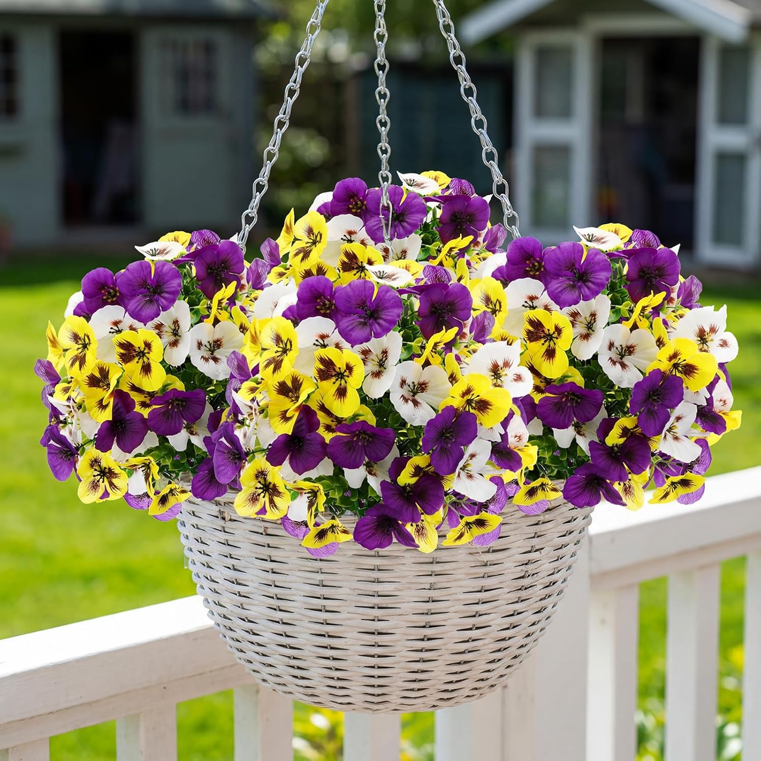 Retrowavy 4 Pcs Artificial Pansy Flowers for Outdoor, Artificial Topiary Boxwood Fake Silk Pansies Bushes for Spring Yard Garden Patio Porch Planters Pots Window Decor (8 x 16.5,Purple,Yellow,White)