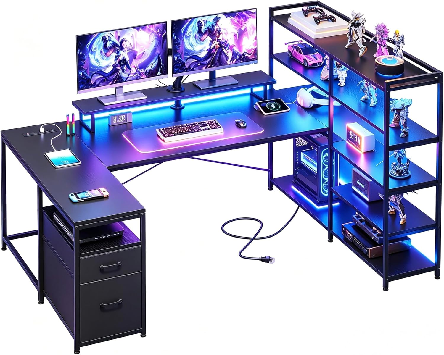 DurayLoly 63" L Shaped Gaming Desk with Monitor Stand & CPU Stand, Reversible Corner Desk with 6-Tier Shelves& 2 Fabric Drawers, Ergonomic Computer Desk with Power Outlet & LED Lights,Black