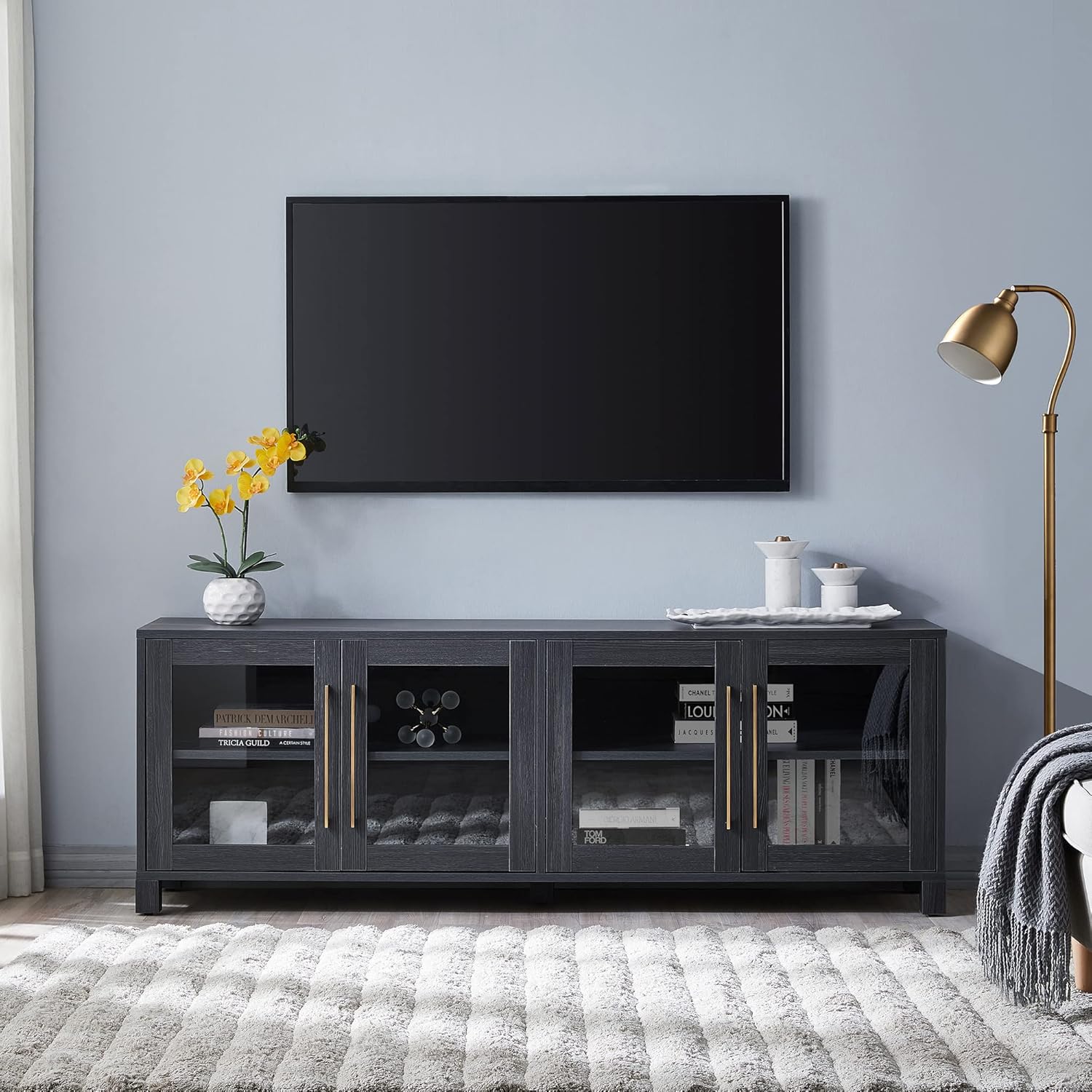 Henn&Hart Rectangular TV Stand for TV's up to 80" in Charcoal Gray, Electric Fireplace TV Stands for the Living Room