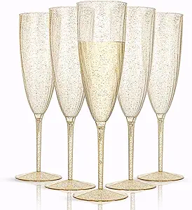 WDF 36-Pack Plastic Champagne Flutes - Gold Glitter Champagne Glasses Disposable - Perfect for Thanksgiving, Weddings, Birthday, Bridal Showers