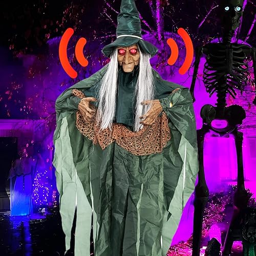 Halloween Animatronics Motion Activated 6Ft Creepy Hanging Witch with Light-up