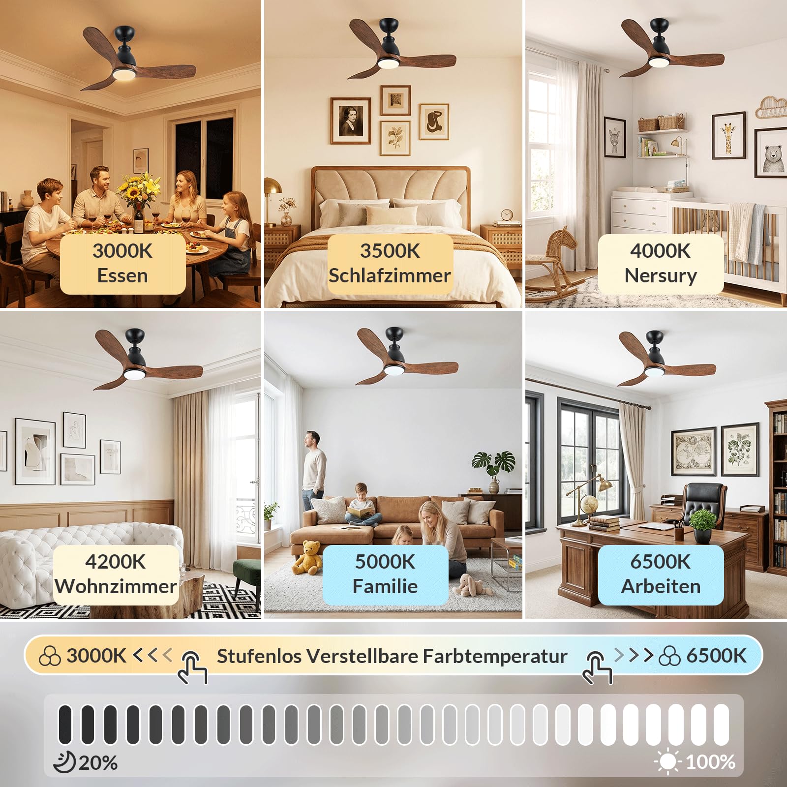 Newday Deckenventilator Holzfarbe mit Licht, 106cm Deckenventilatoren mit Fernbedienung Leise, Ventilator Lampe Decke mit Stufenloser Dimmer, 7 Geschwindigkeiten-Modus, Speicherfunktion, 3 Flügel