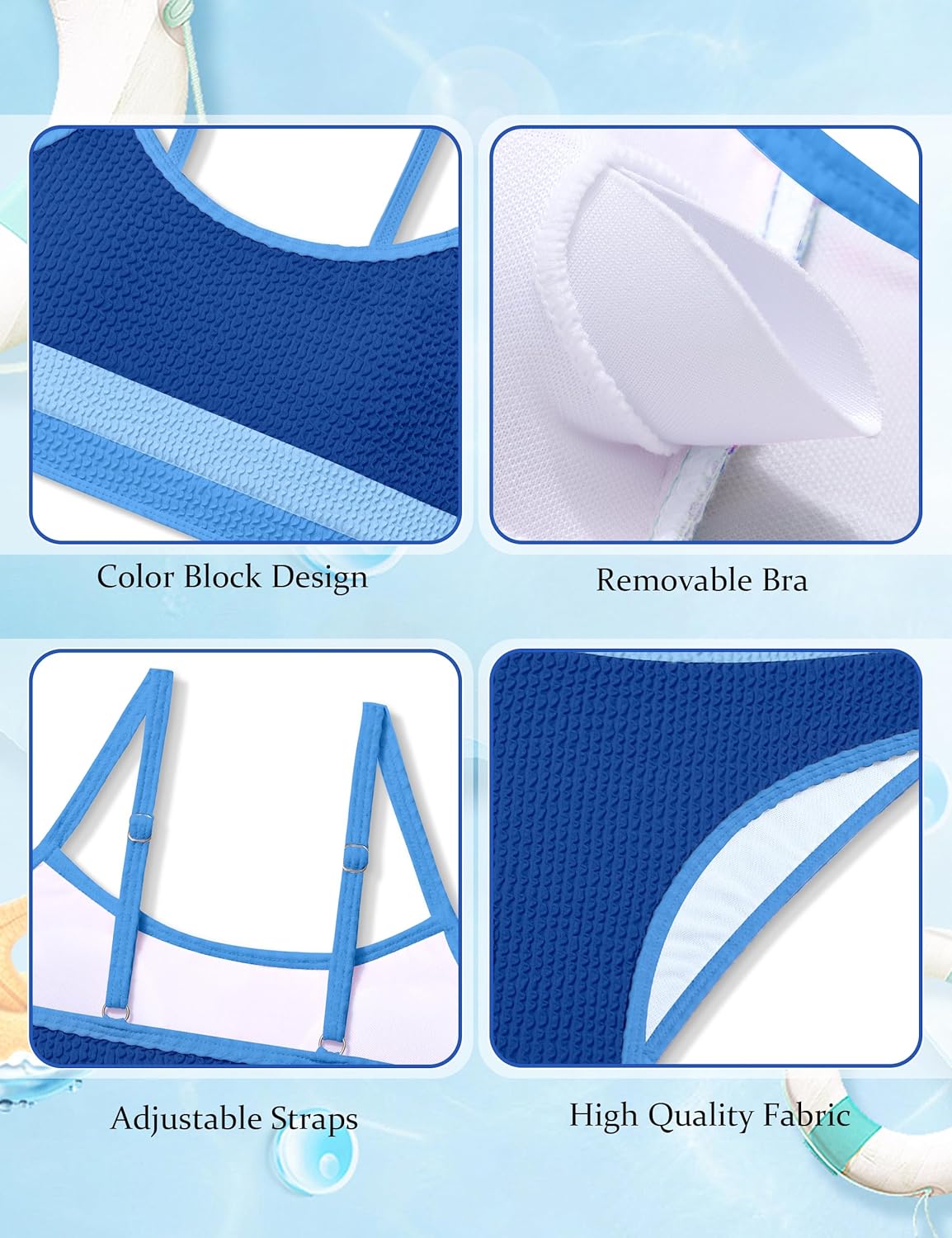 Girls Bathing Suit Color-Block Adjustable Straps Bikini Sets Girls Two Piece Swimsuits with Chest Pad Swimwear 7-18T - Image 6