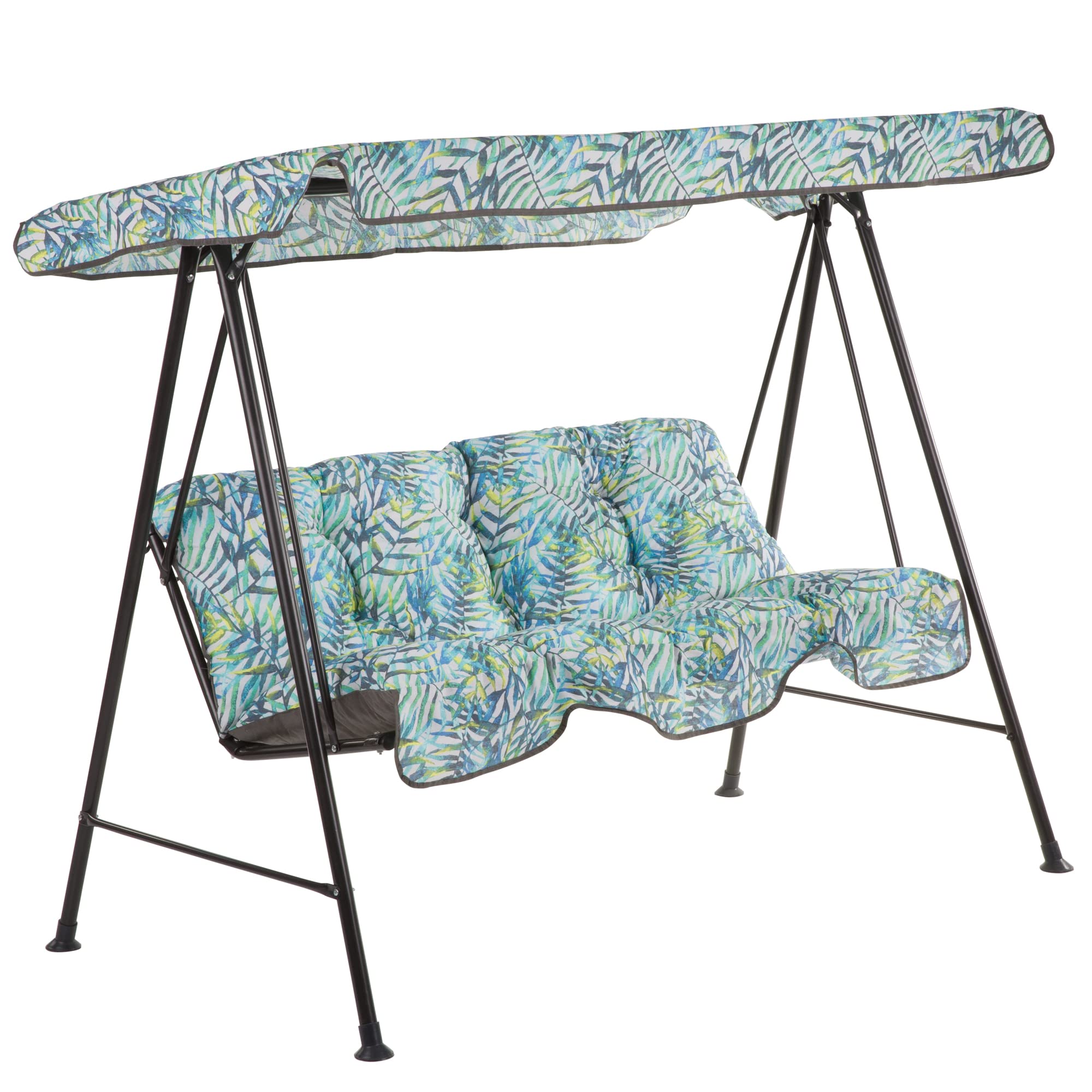 PATIO Tora 3-osobowa huśtawka ogrodowa Hollywood 138 cm, huśtawka ogrodowa, poduszka na oparcie, poduszka do siedzenia z dachem chroniącym przed słońcem, wzór roślinny, kolor biały, niebieski, żółty