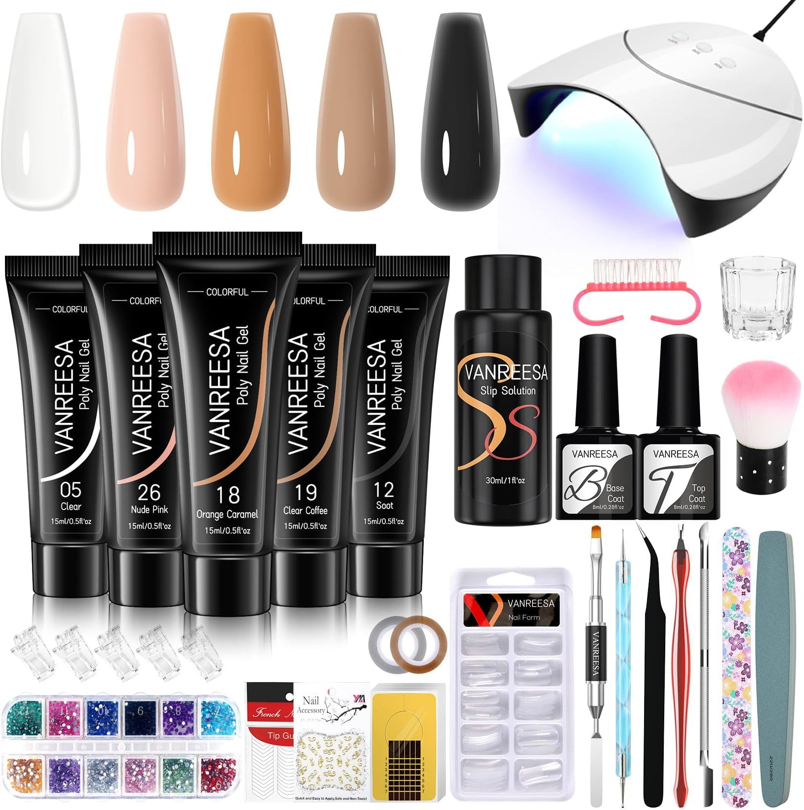 VANREESAPoly Nail Gel Kit Starter Kit 5 Colors Poly Nail Gel Kit with U V Light Nude Clear Brown Black Poly Nail Gel with Slip Solution Poly Extension Gel Nail Kit Gifts for Women