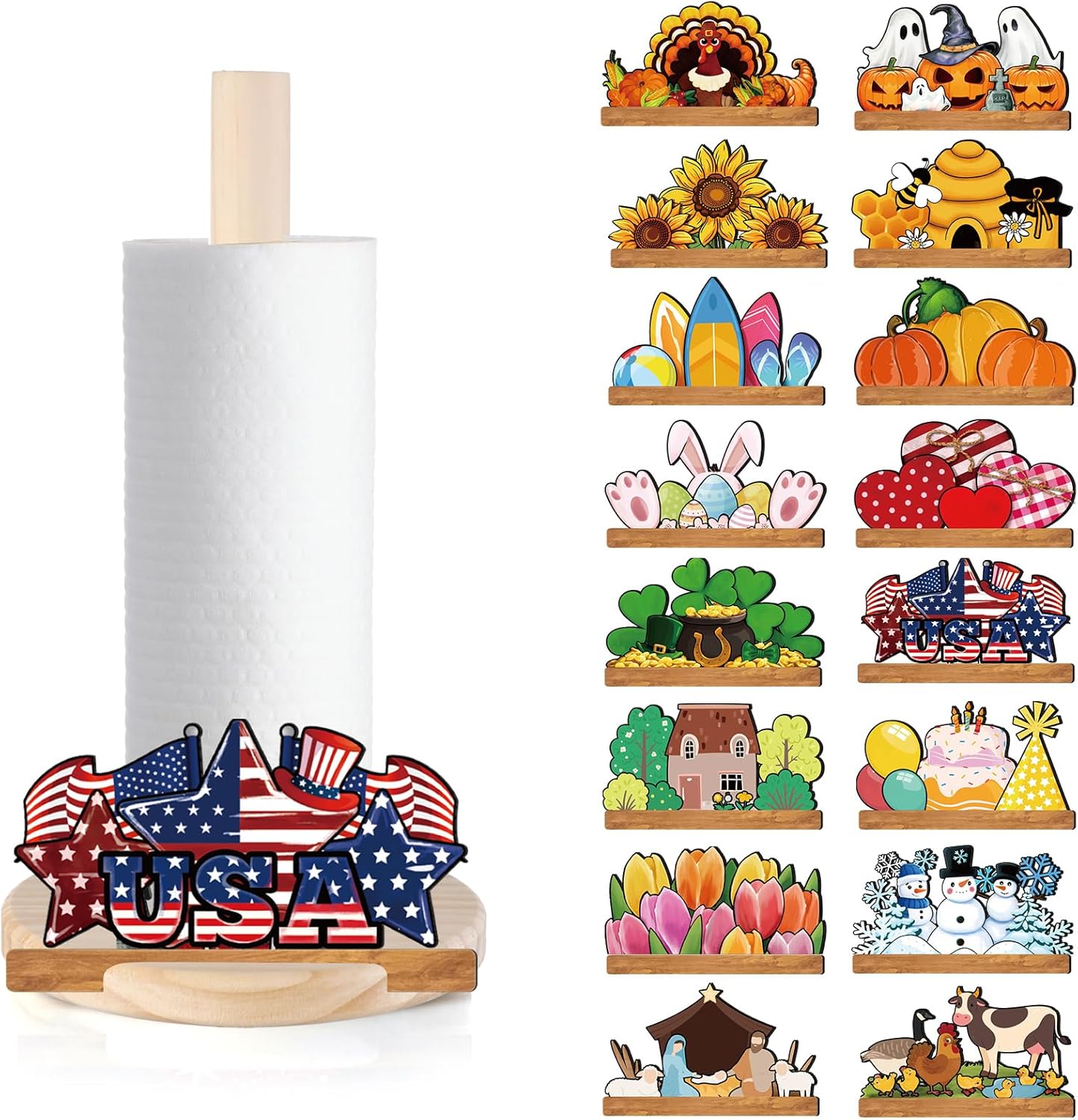 GlikCeil 18 Pcs Interchangeable Paper Towel Holder Spring Kitchen Decor with Holiday Sign Wooden Tulip Decorative Seasonal Countertop Centerpieces for 4th of July Farmhouse Kitchen Home Decor(Classic)