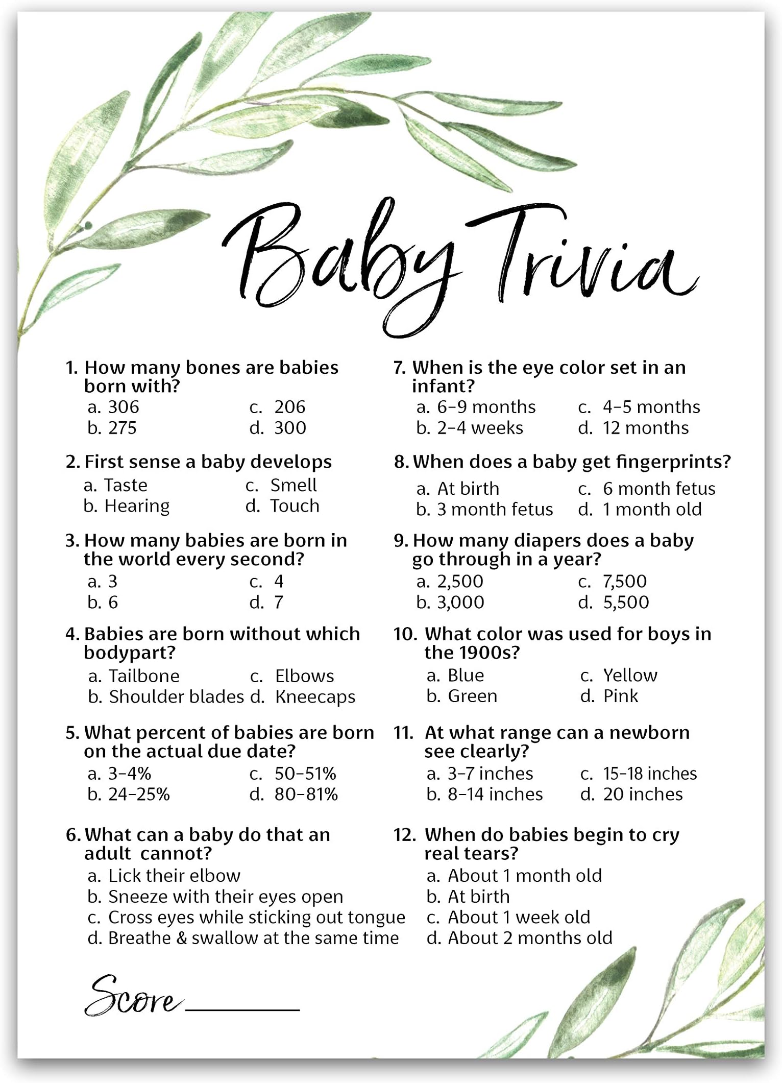 Greenery Baby Shower Games โ Baby Trivia Game โ Pack of 25 โ Fun Facts Trivia Green Olive Branch, Floral Rustic Gender Neutral Couples Shower Activity Reveal Party G320-TRV