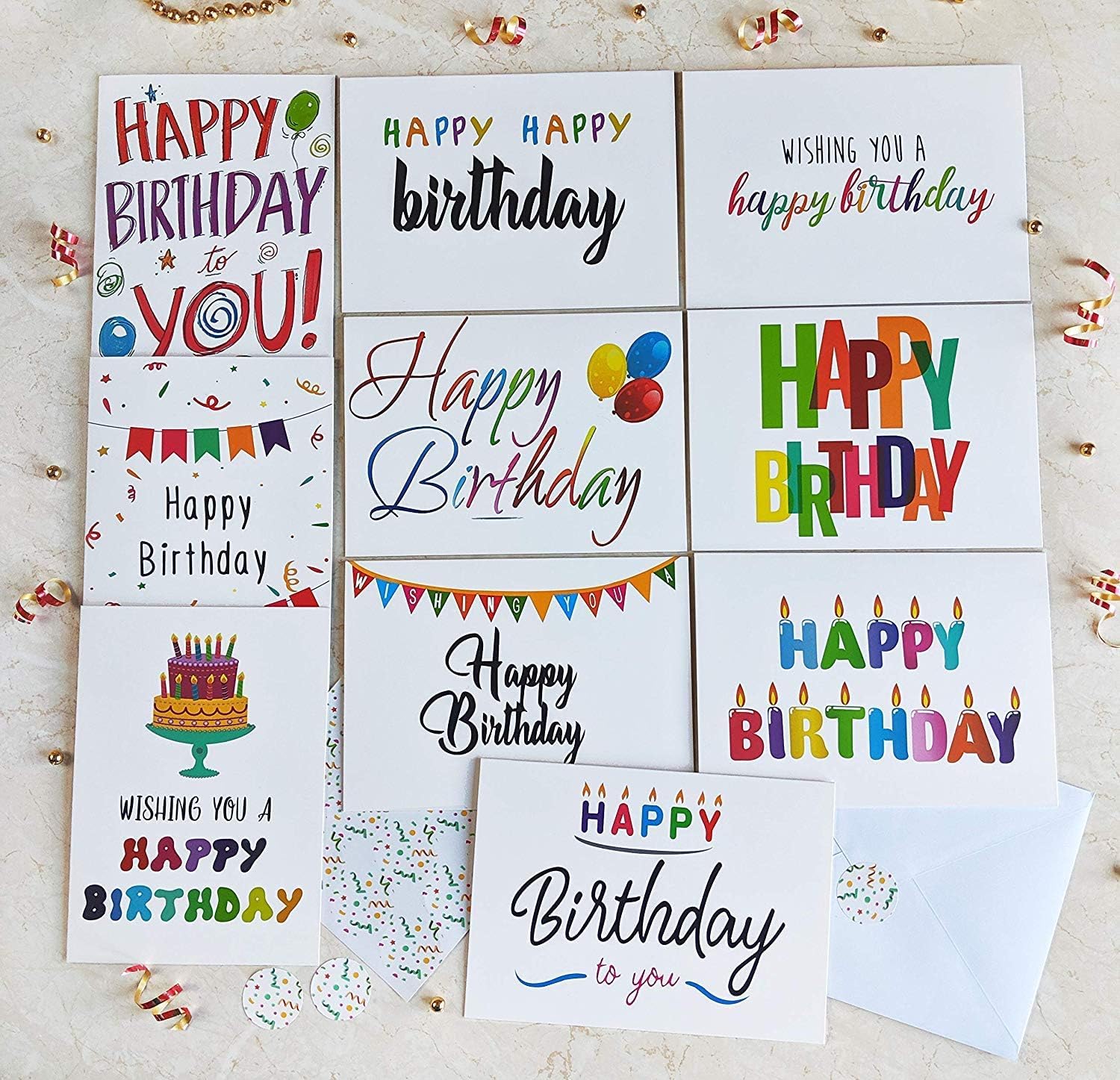 T&M Quality Designs LLC 100 tarjetas de cumpleaños en blanco (interior en blanco)