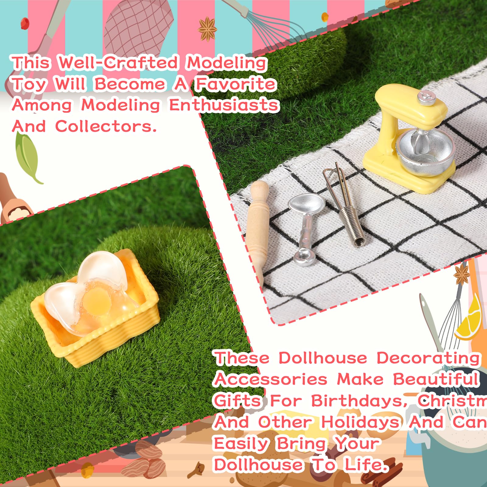 18 sztuk 1:12 skrzatów, akcesoria kuchenne z żywicy, miniaturowe akcesoria do domku dla lalek, mini worek na mąkę, trzepaczka, waga kuchenna, miniaturowe dekoracje do kuchni, terrarium, mikro