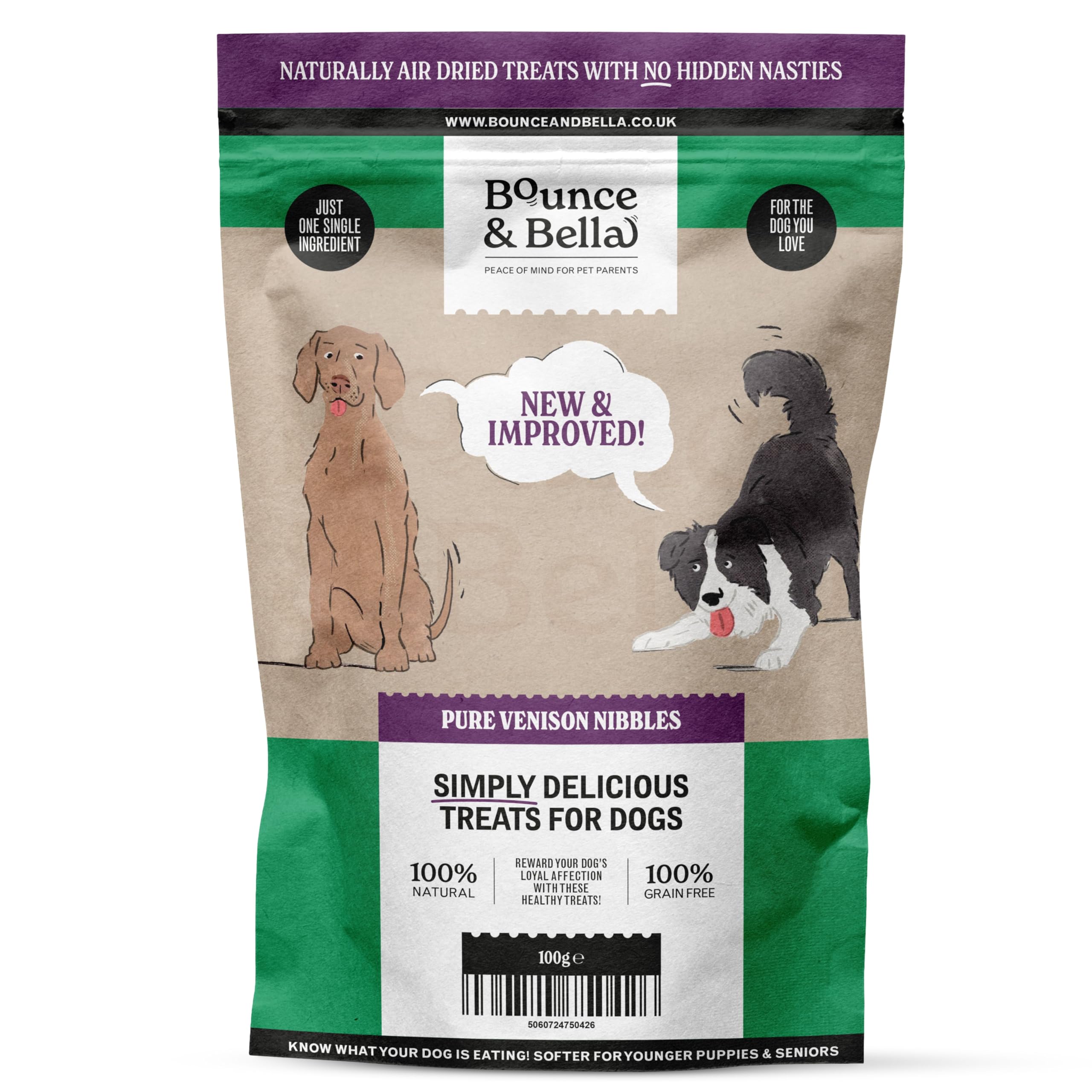 Bounce and Bella Pure Venison Nibbles – 100% Natural, Single-Ingredient Dog Treats – Grain-Free, No Nasties, Perfect for Puppies & Dogs of All Ages, 100g